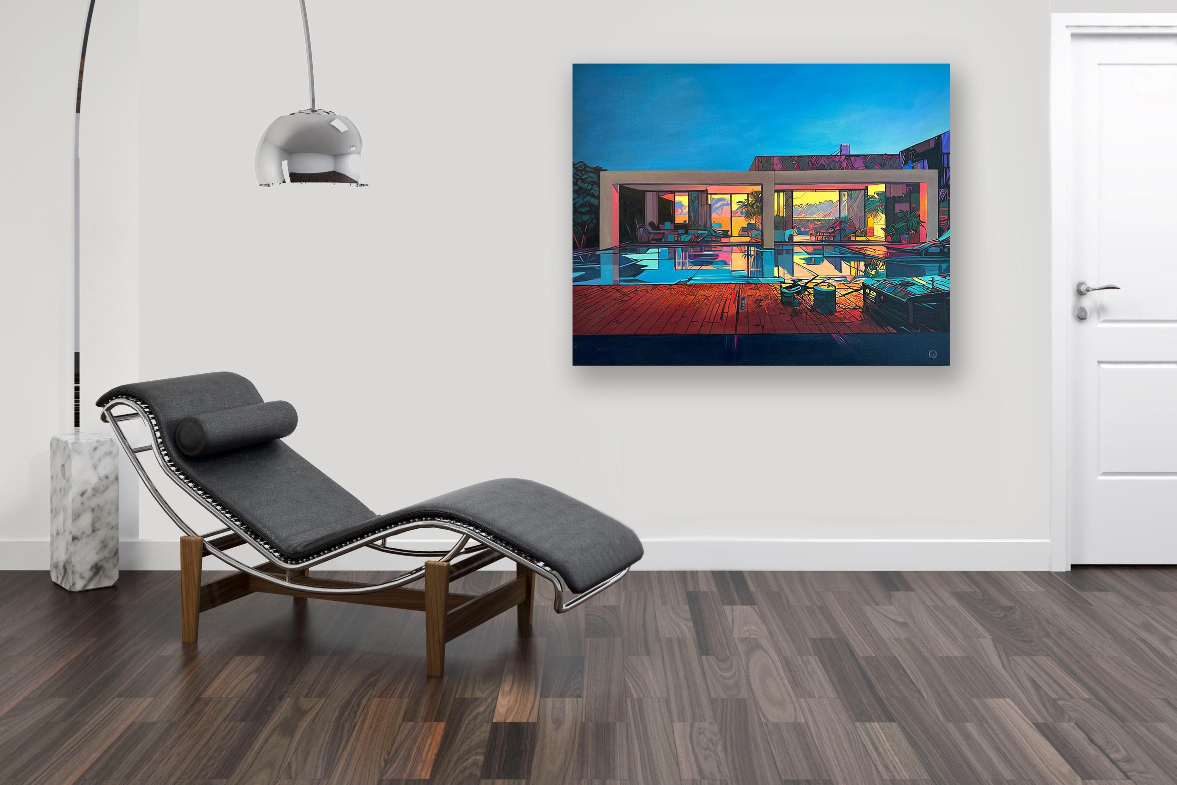 Sunset Symphony by Lilly Muth - Contemporary Architecture Villa Oil Painting For Sale 2