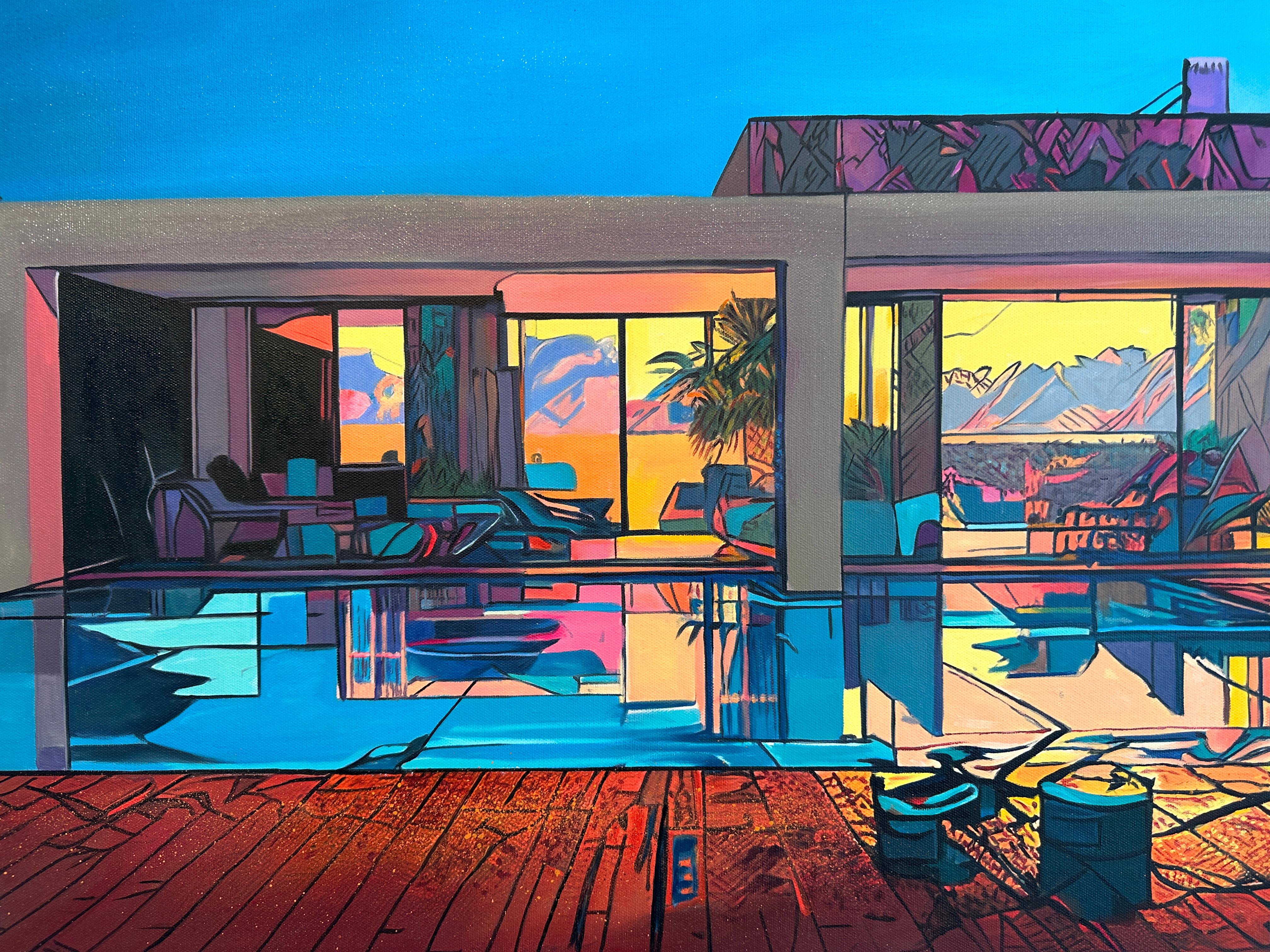 Sunset Symphony by Lilly Muth - Contemporary Architecture Villa Oil Painting For Sale 3