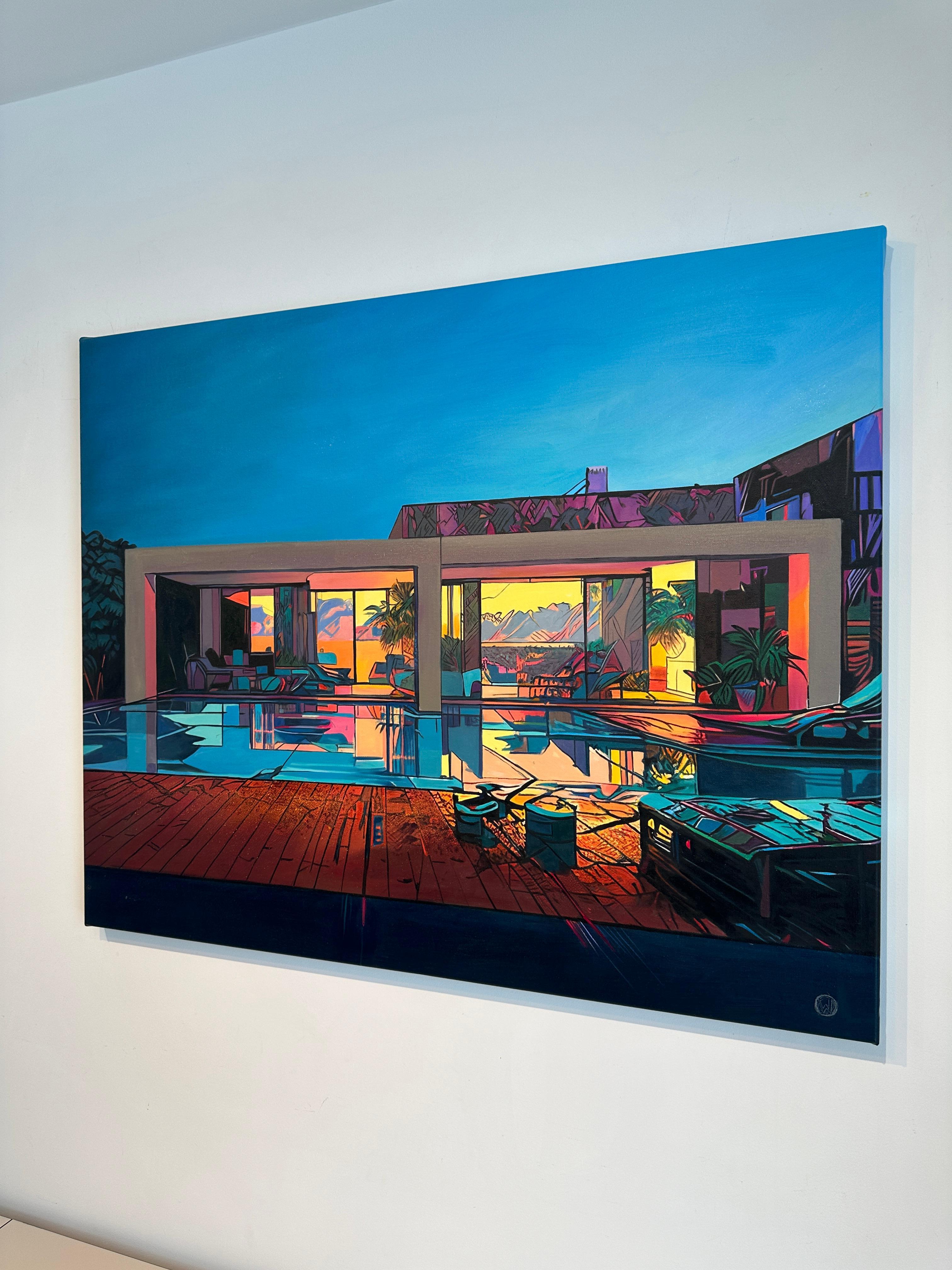 Sunset Symphony by Lilly Muth - Contemporary Architecture Villa Oil Painting For Sale 4