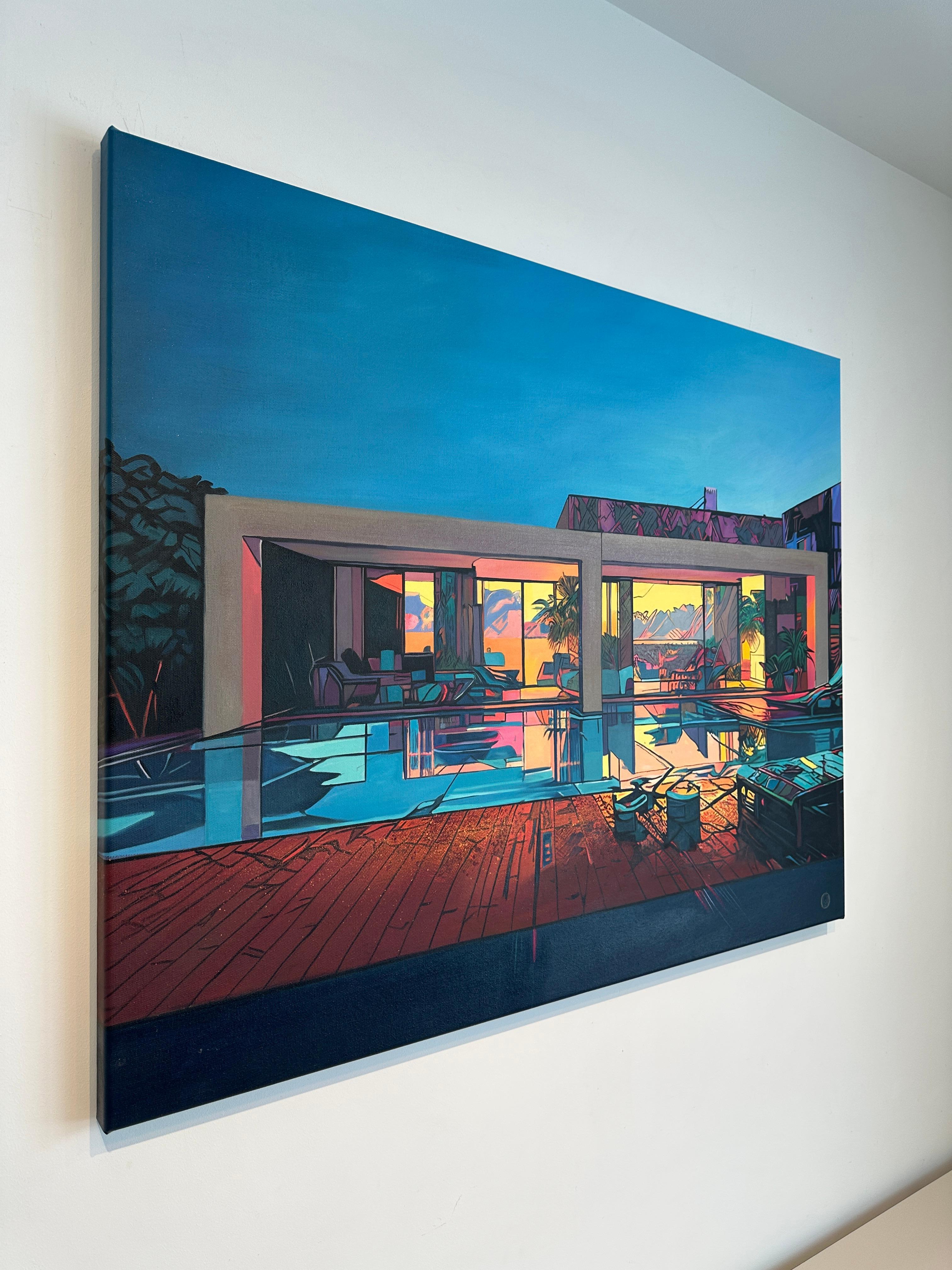 Sunset Symphony by Lilly Muth - Contemporary Architecture Villa Oil Painting For Sale 5