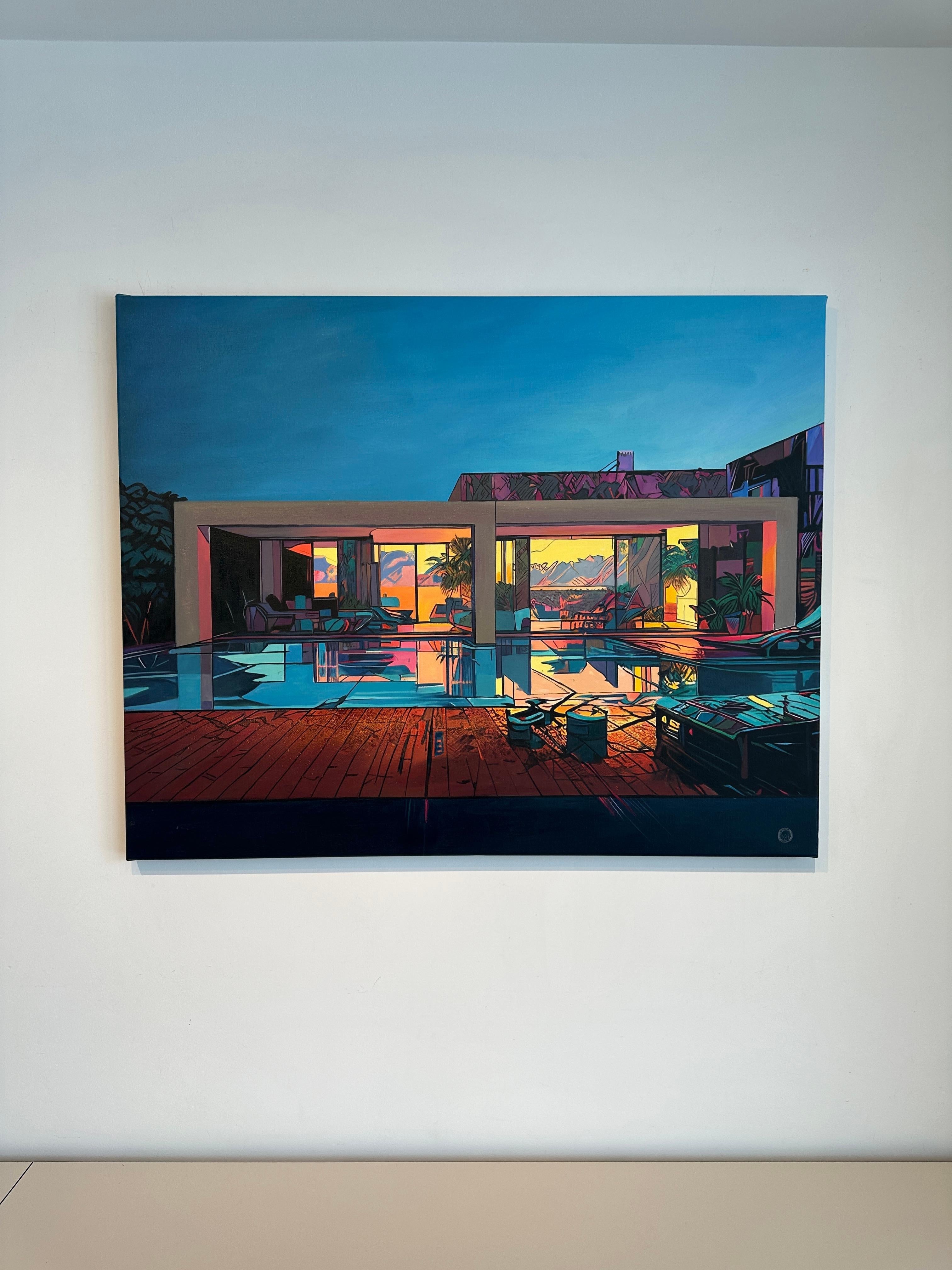 Sunset Symphony by Lilly Muth - Contemporary Architecture Villa Oil Painting For Sale 7