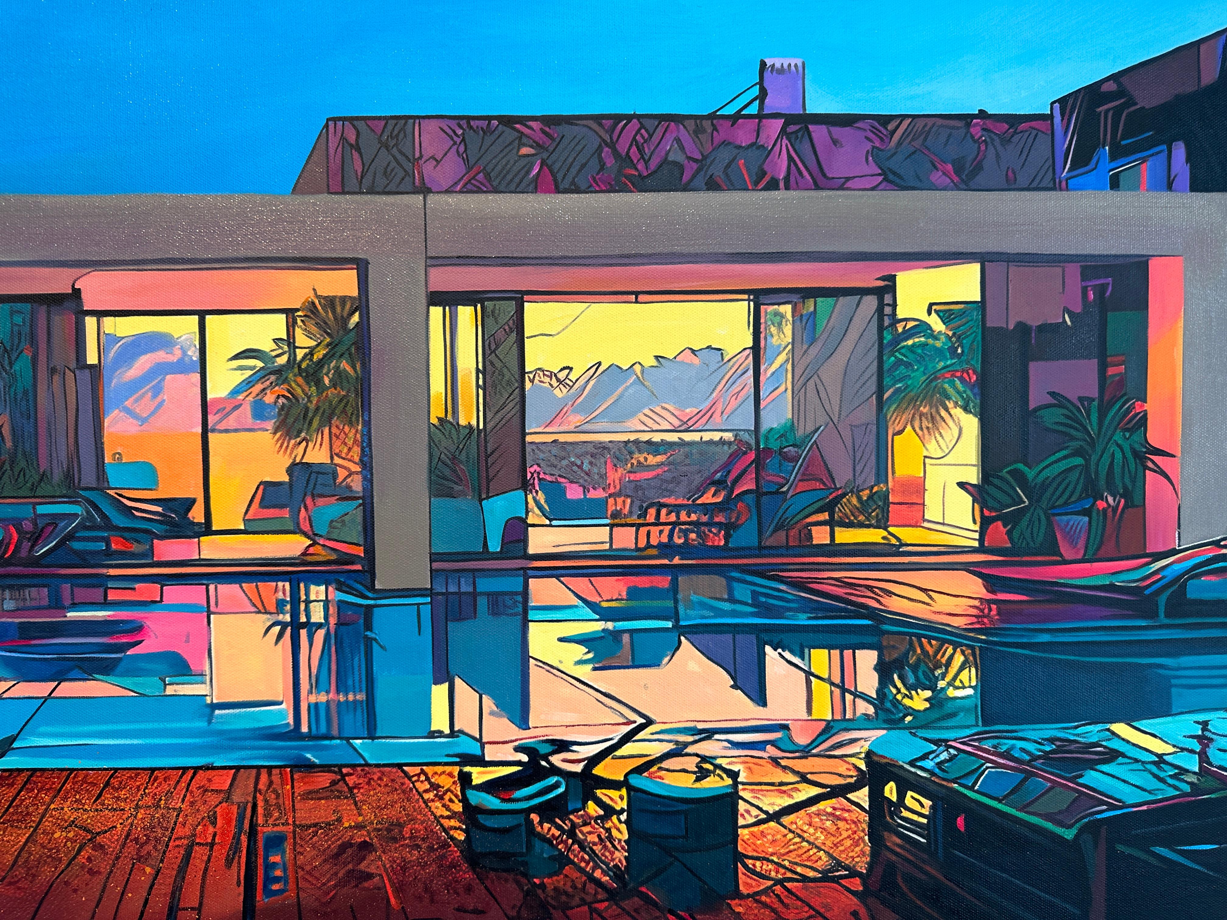 Sunset Symphony by Lilly Muth - Contemporary Architecture Villa Oil Painting For Sale 9