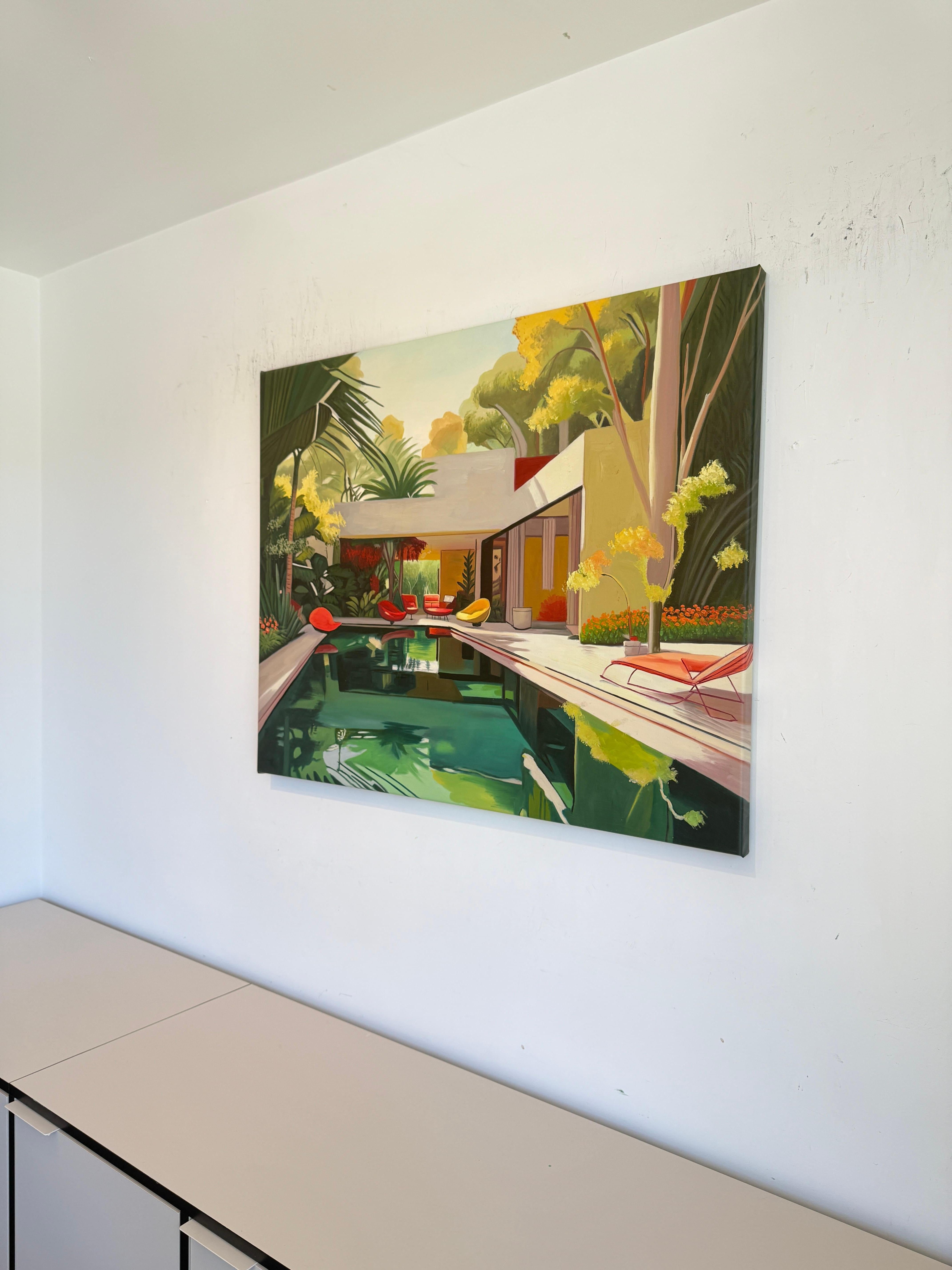 The Days That Didn't End - Zeitgenössische Architektur Pool House Ölgemälde im Angebot 10
