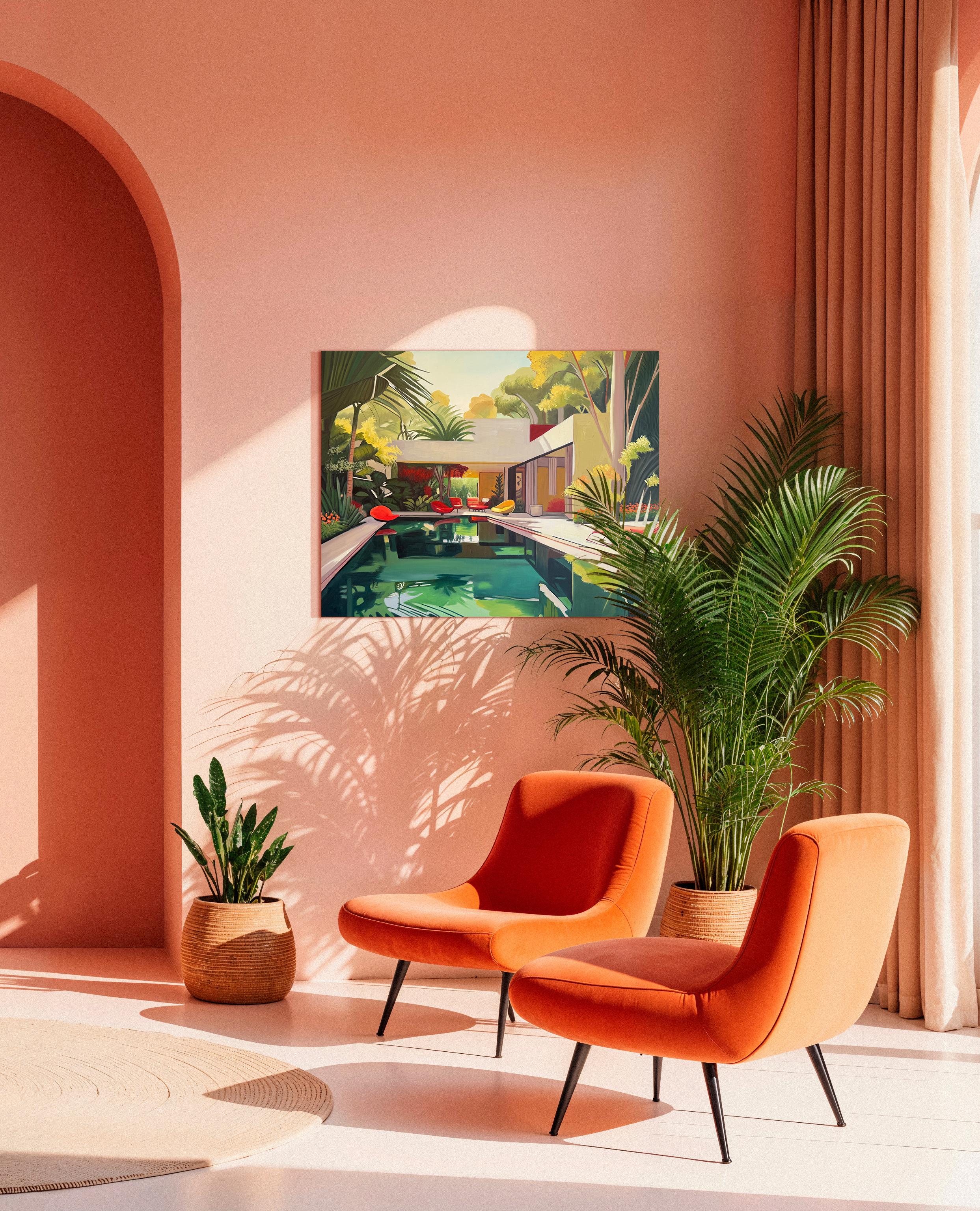 The Days That Didn't End - Zeitgenössische Architektur Pool House Ölgemälde im Angebot 13