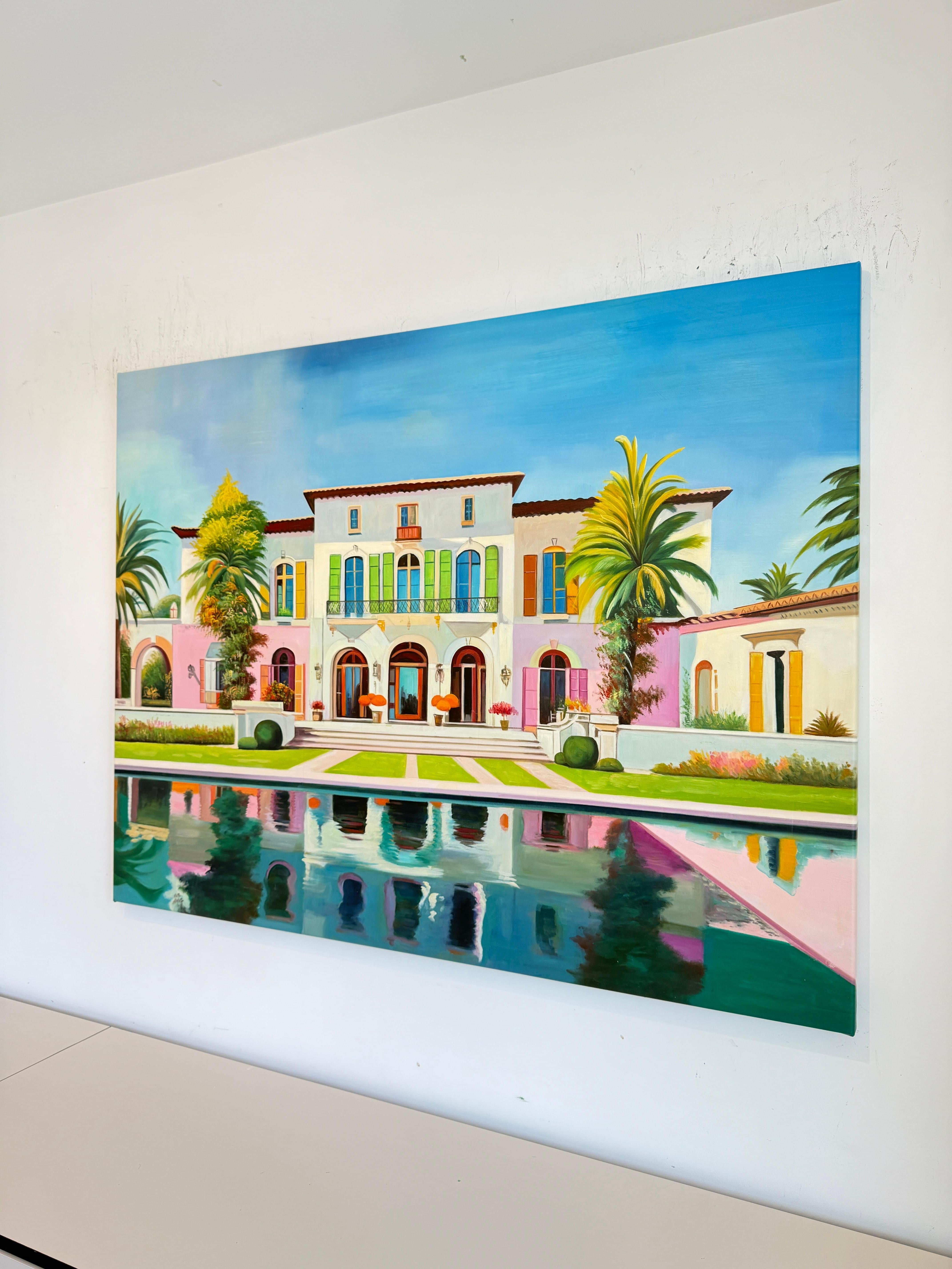 The future is calling us for - Contemporary Architecture Pool House Oil Painting For Sale 9