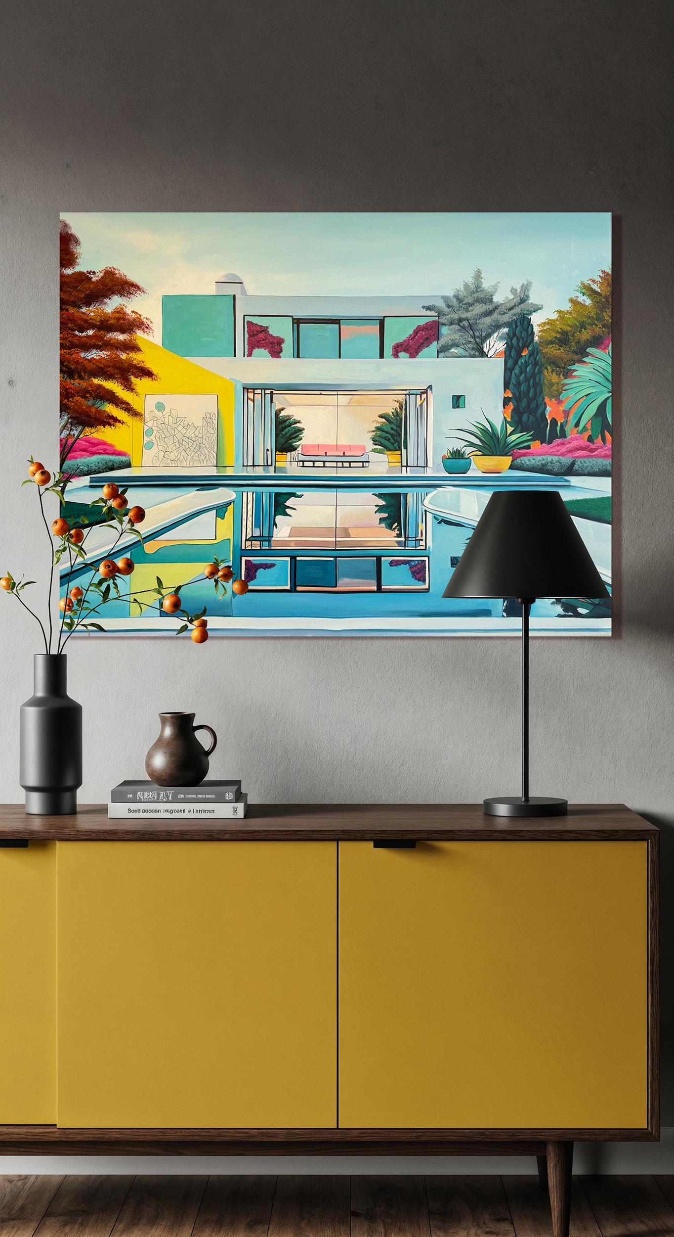 L'avenir nous appelle - Contemporary Architecture Pool House Oil Painting en vente 8