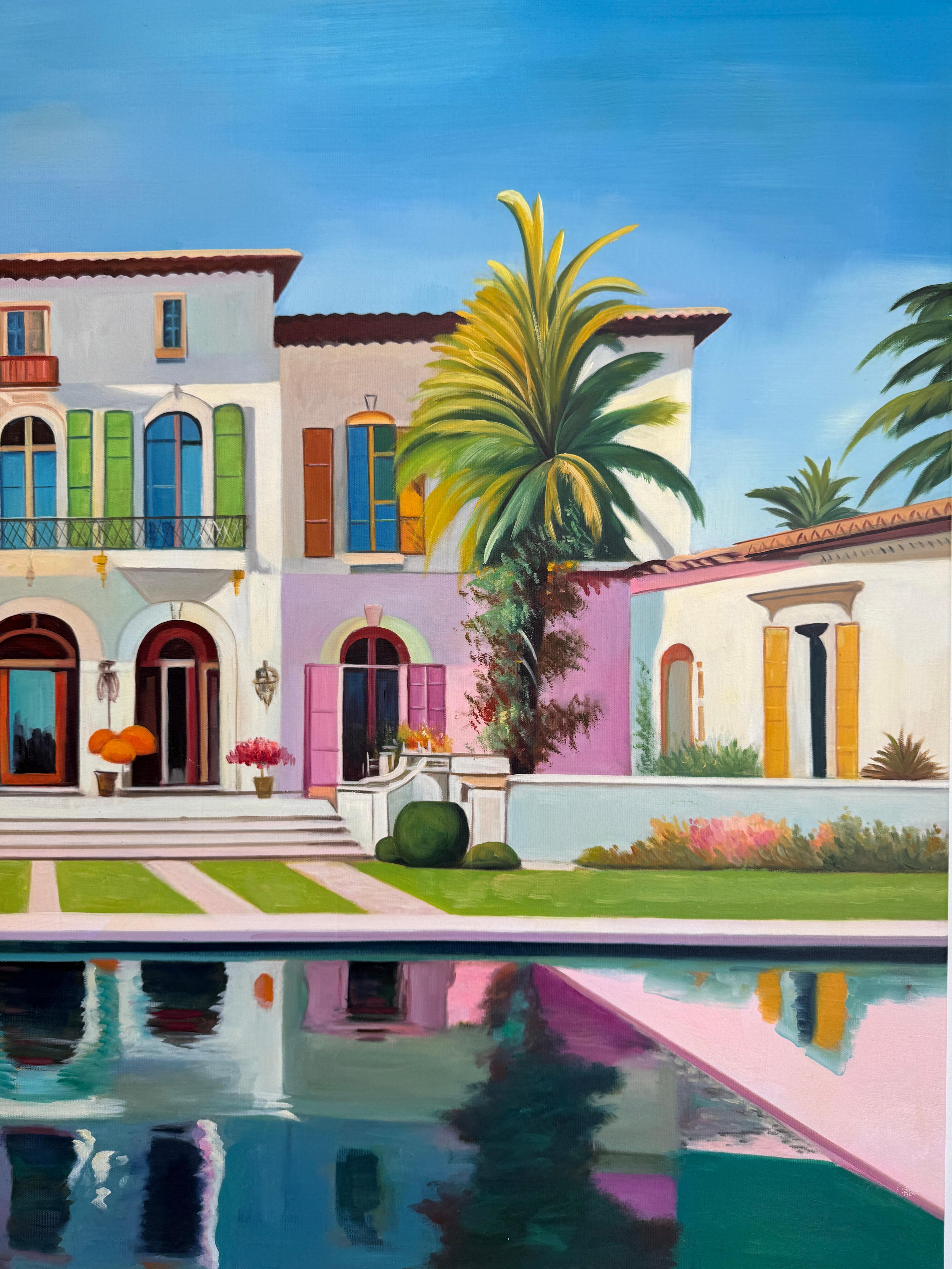 The future is calling us for - Contemporary Architecture Pool House Oil Painting For Sale 10