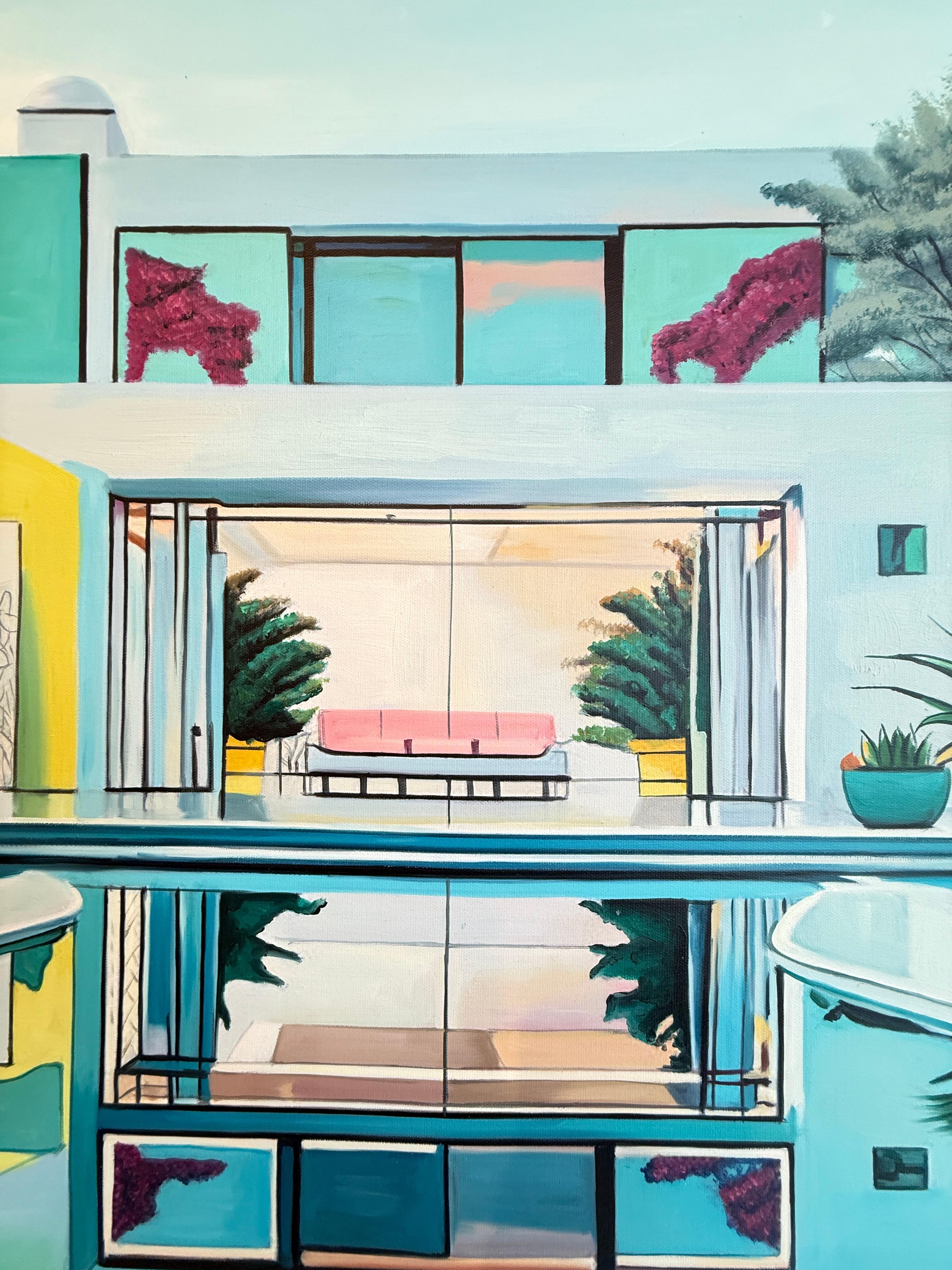 L'avenir nous appelle - Contemporary Architecture Pool House Oil Painting en vente 9