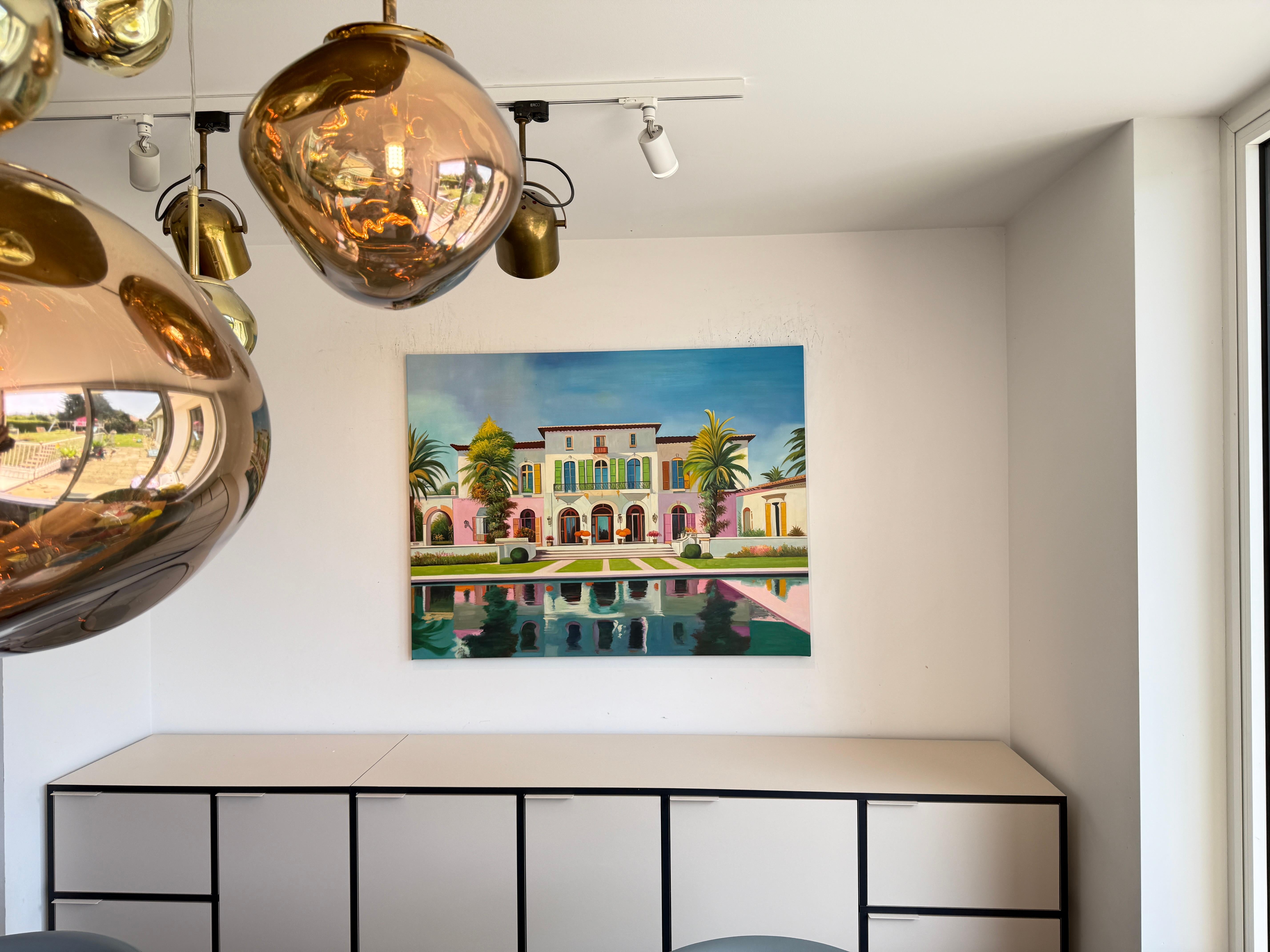 The future is calling us for - Contemporary Architecture Pool House Oil Painting For Sale 11