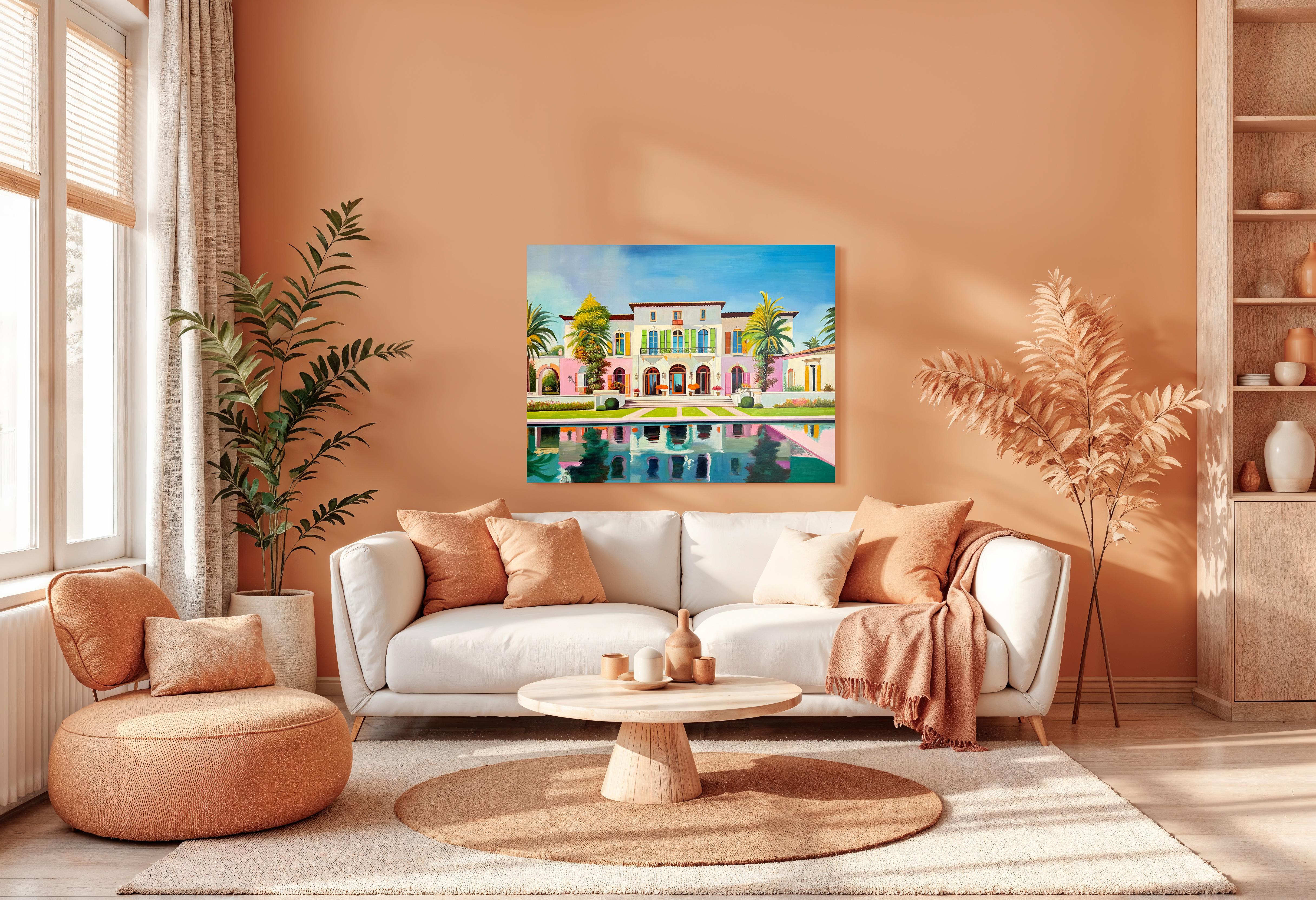 The future is calling us for - Contemporary Architecture Pool House Oil Painting For Sale 12