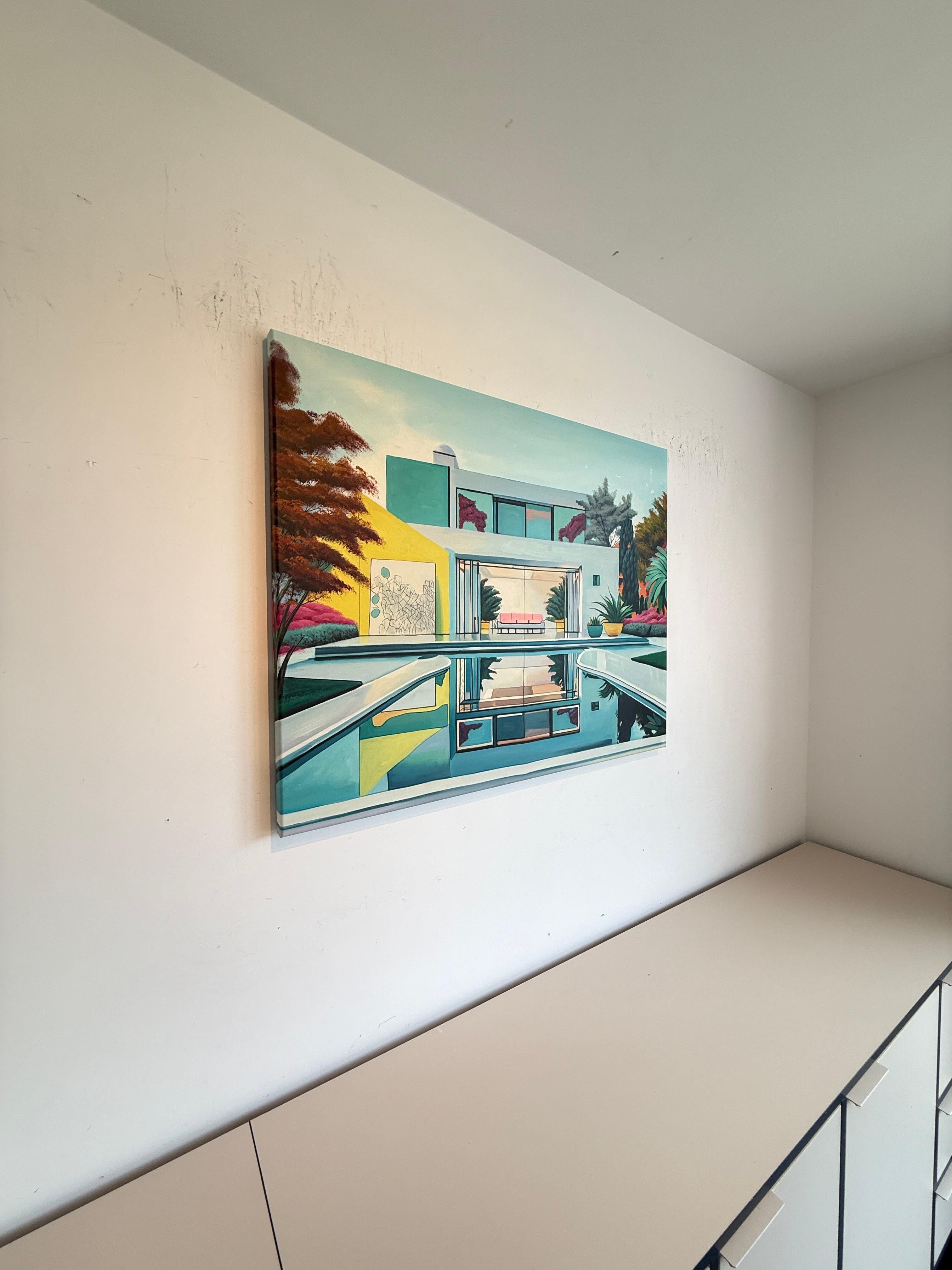 L'avenir nous appelle - Contemporary Architecture Pool House Oil Painting en vente 11