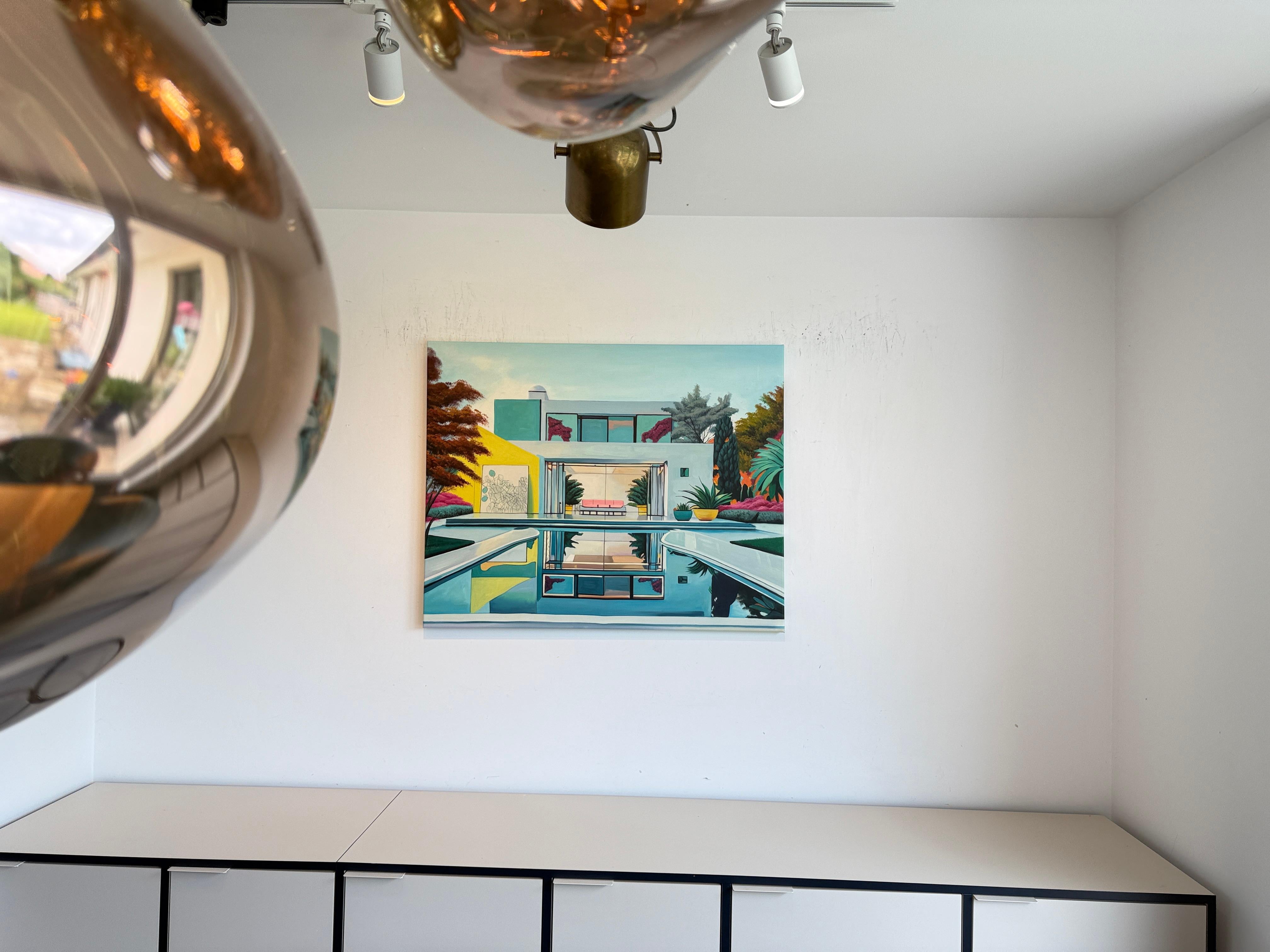 L'avenir nous appelle - Contemporary Architecture Pool House Oil Painting en vente 14