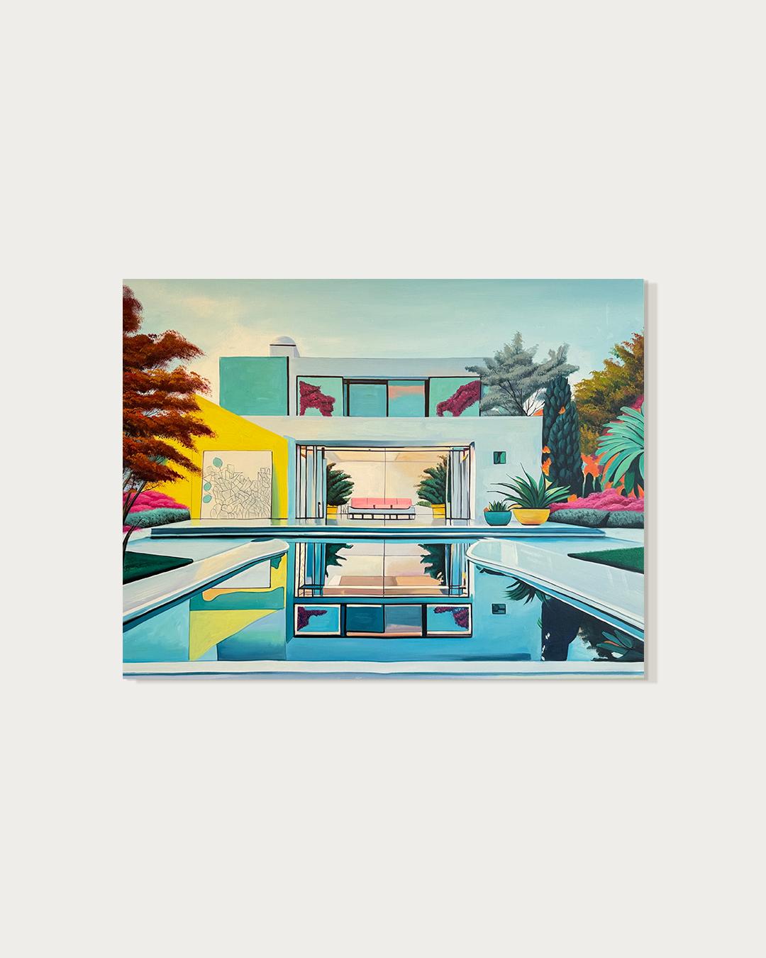 L'avenir nous appelle - Contemporary Architecture Pool House Oil Painting - Gris Abstract Painting par Lilly Muth