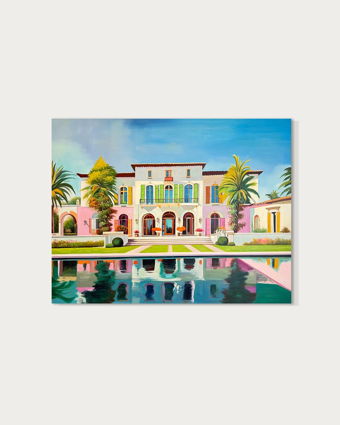 The future is calling us for - Contemporary Architecture Pool House Oil Painting For Sale 1