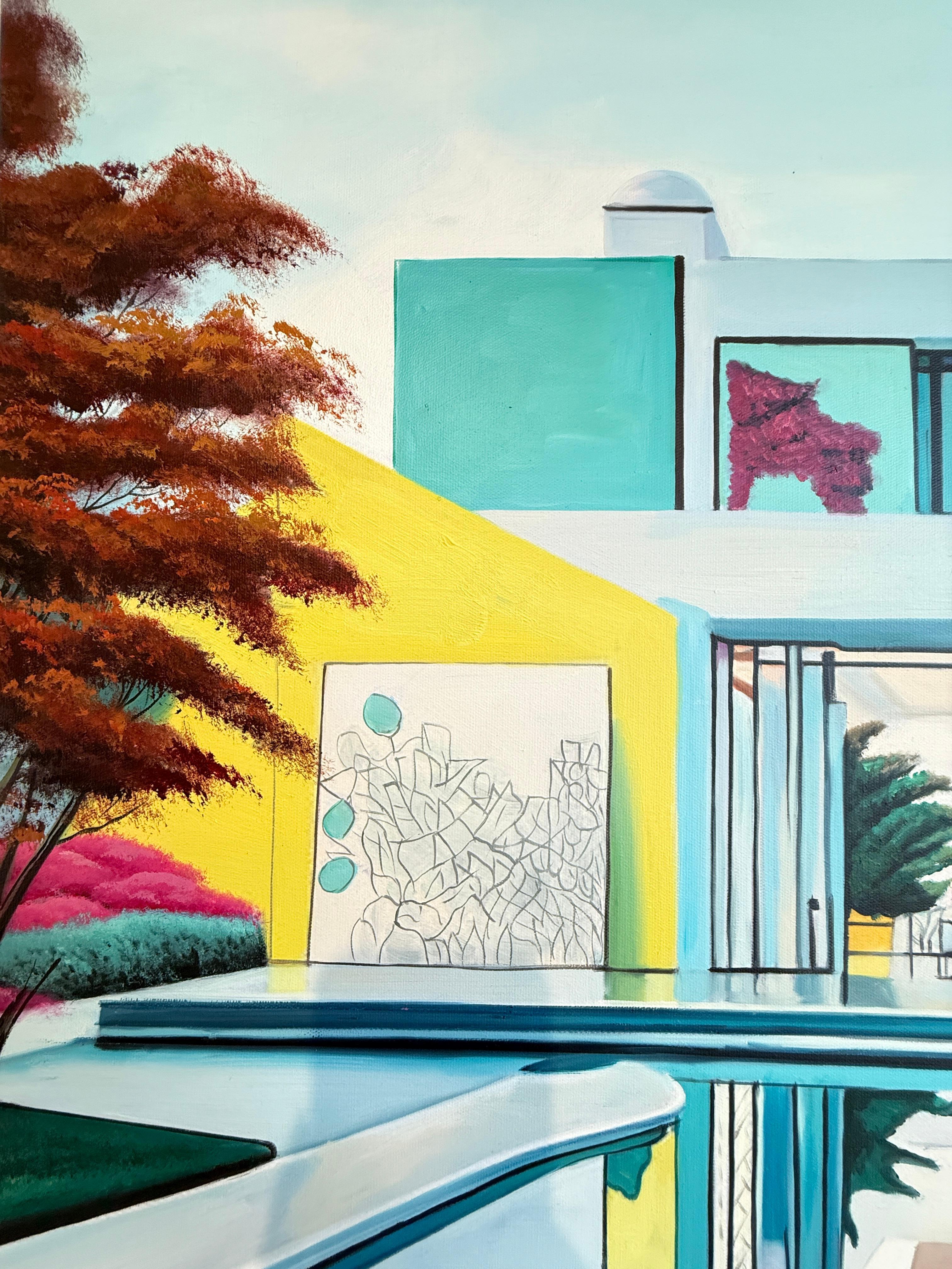 L'avenir nous appelle - Contemporary Architecture Pool House Oil Painting en vente 1
