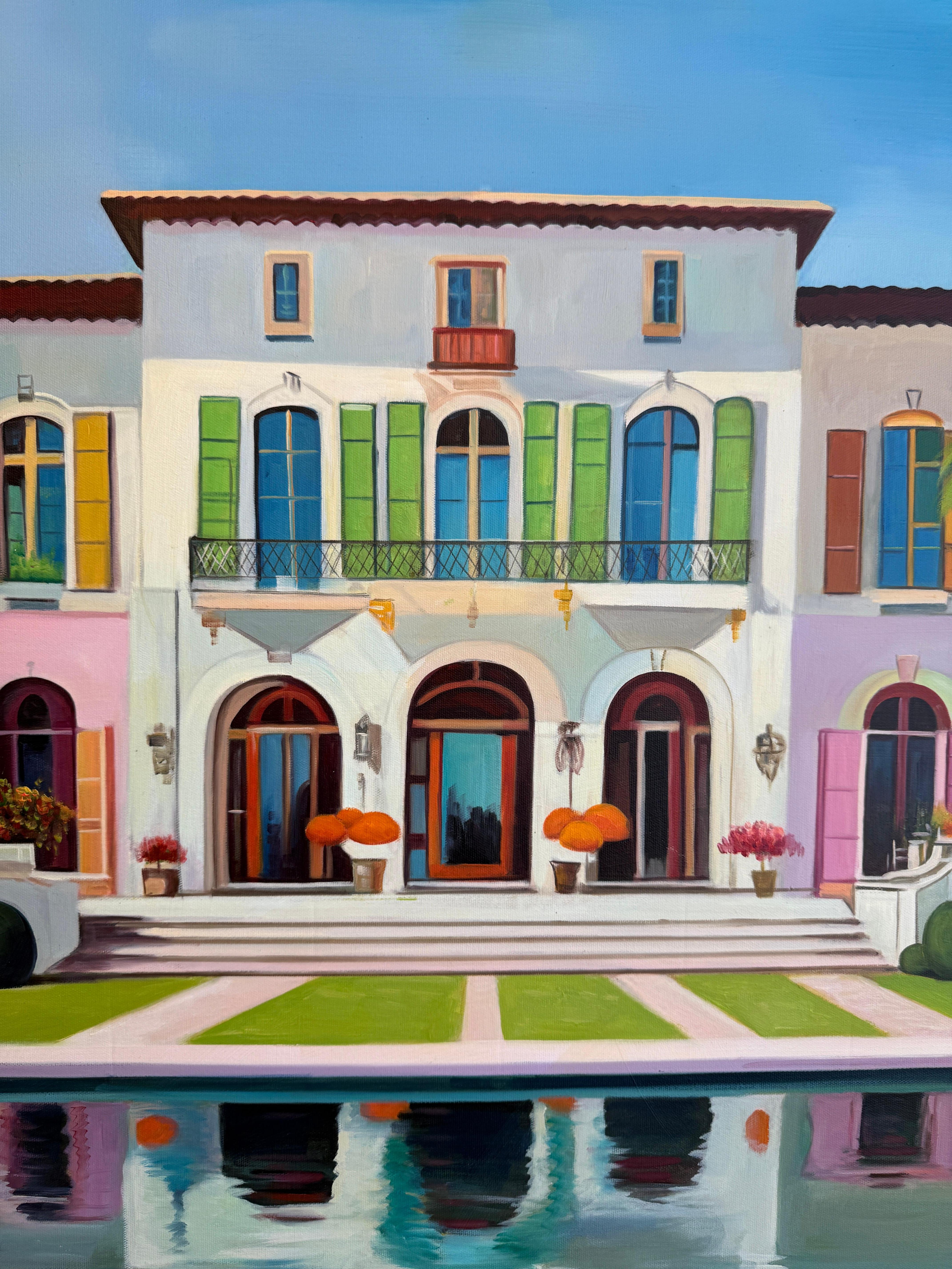 The future is calling us for - Contemporary Architecture Pool House Oil Painting For Sale 3