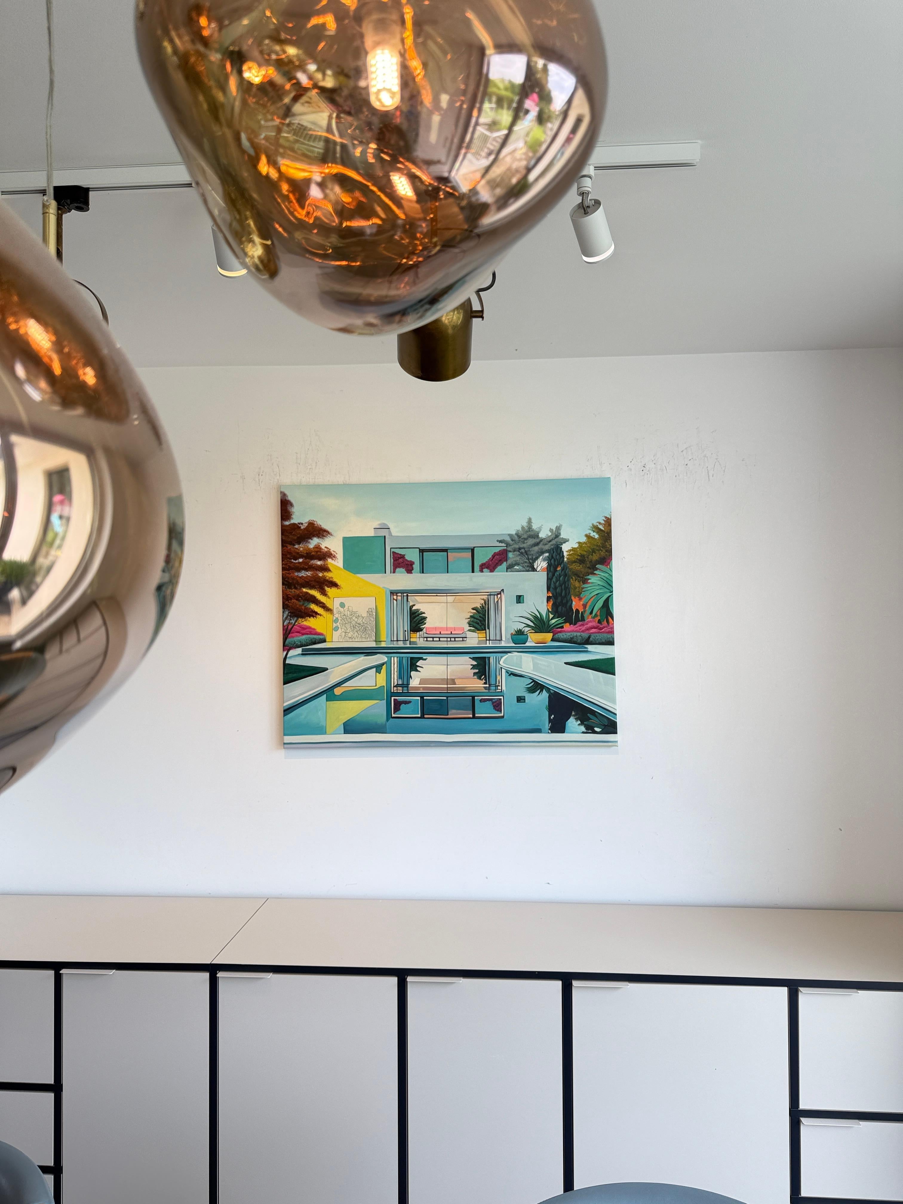 L'avenir nous appelle - Contemporary Architecture Pool House Oil Painting en vente 2