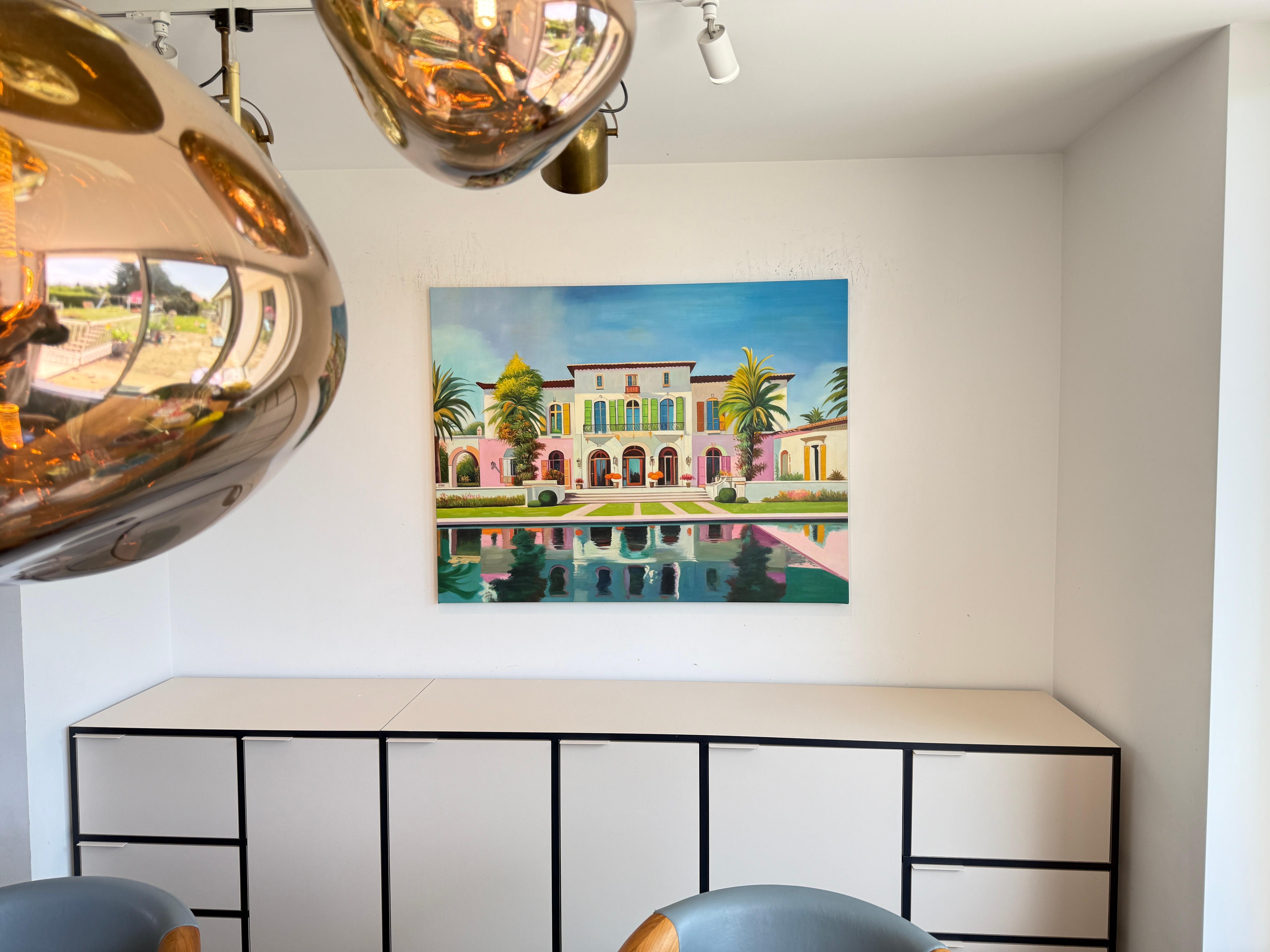 The future is calling us for - Contemporary Architecture Pool House Oil Painting For Sale 4