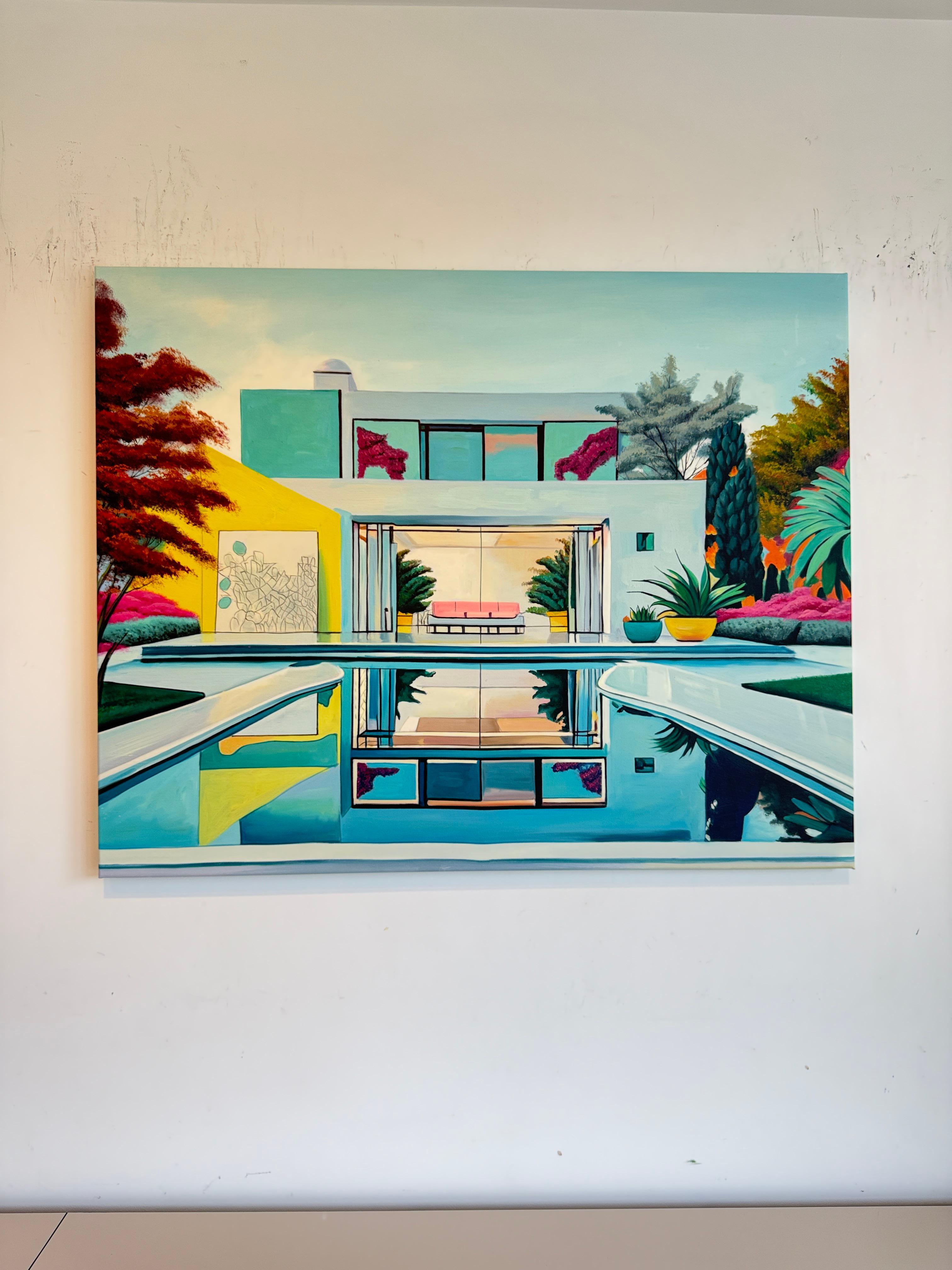 L'avenir nous appelle - Contemporary Architecture Pool House Oil Painting en vente 3