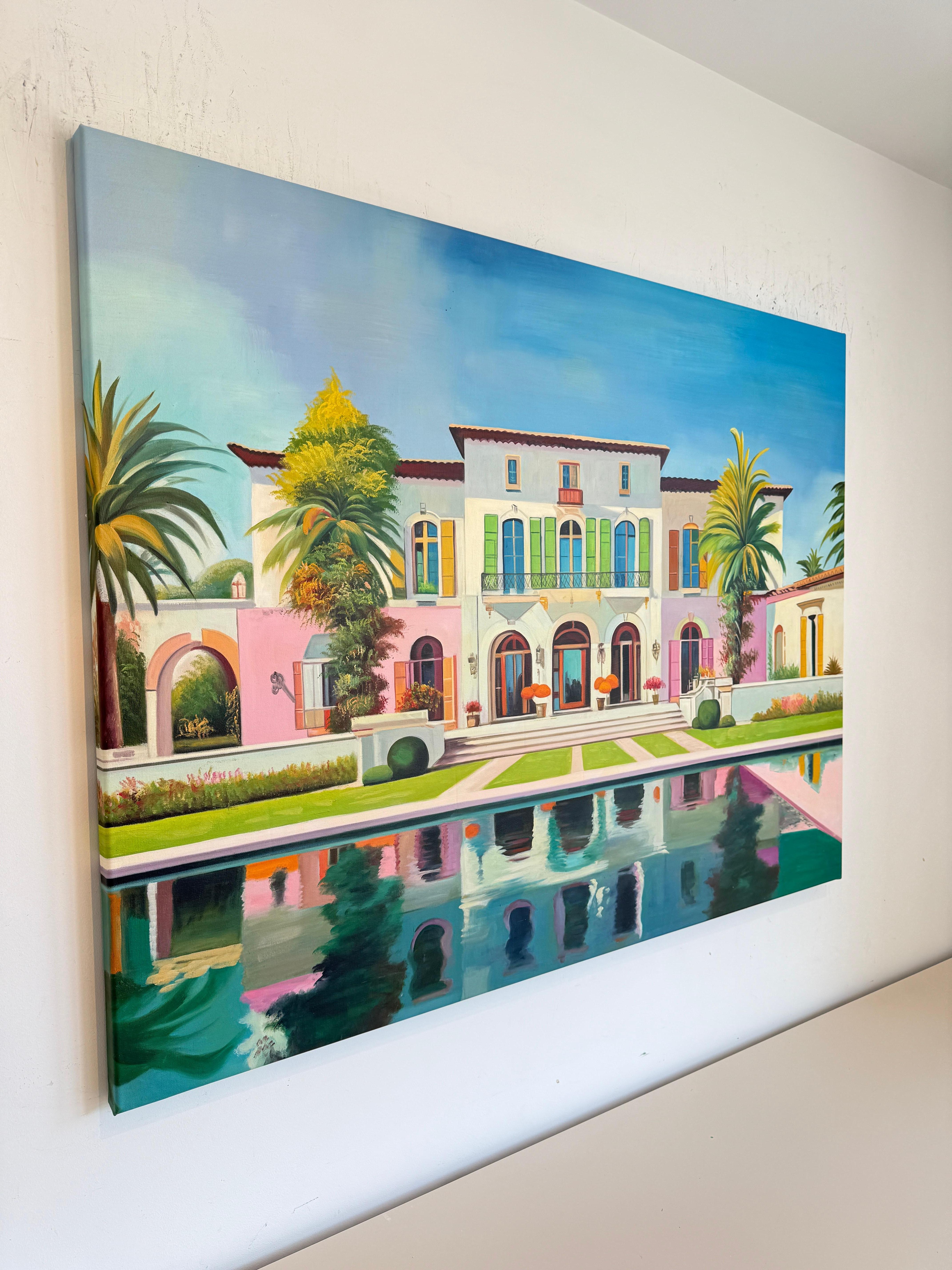 The future is calling us for - Contemporary Architecture Pool House Oil Painting For Sale 5