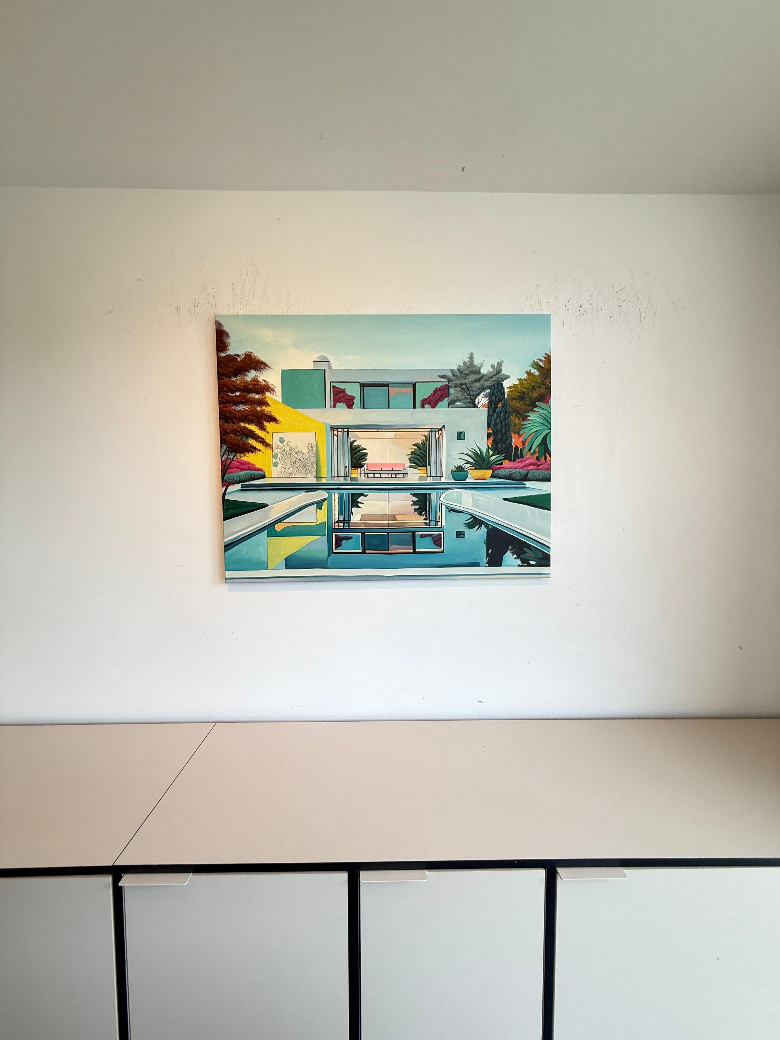 L'avenir nous appelle - Contemporary Architecture Pool House Oil Painting en vente 4