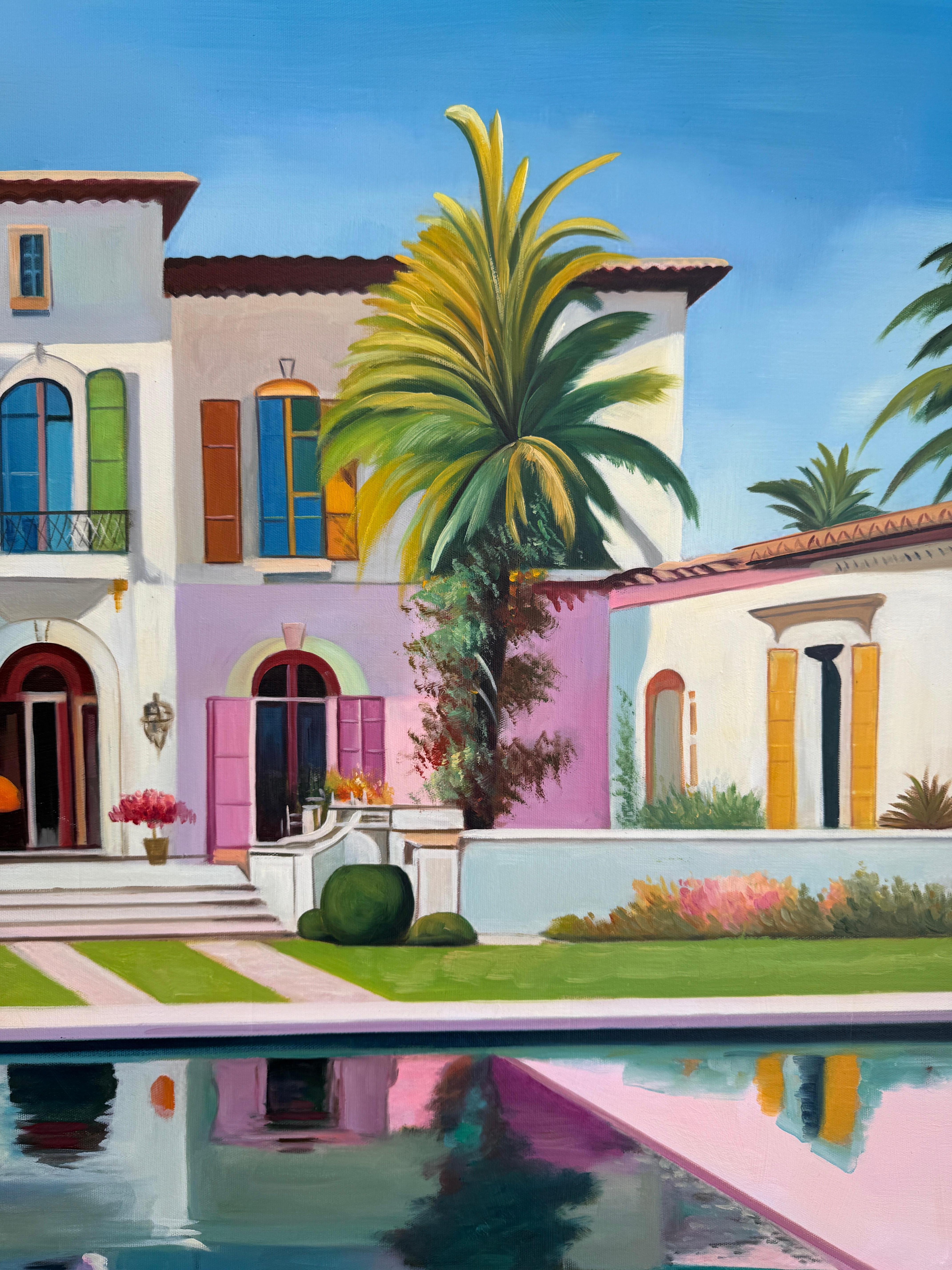 The future is calling us for - Contemporary Architecture Pool House Oil Painting For Sale 6