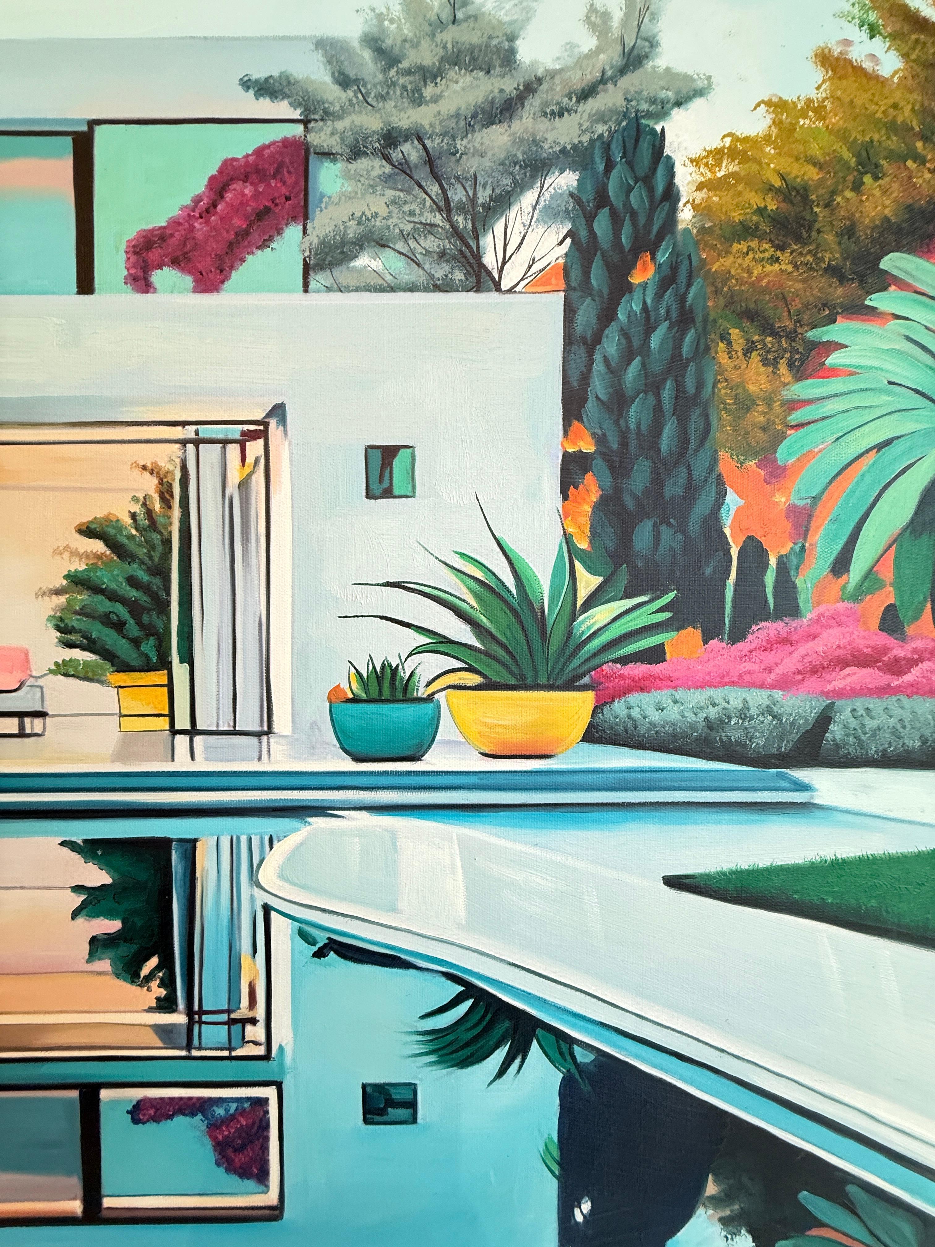 L'avenir nous appelle - Contemporary Architecture Pool House Oil Painting en vente 5