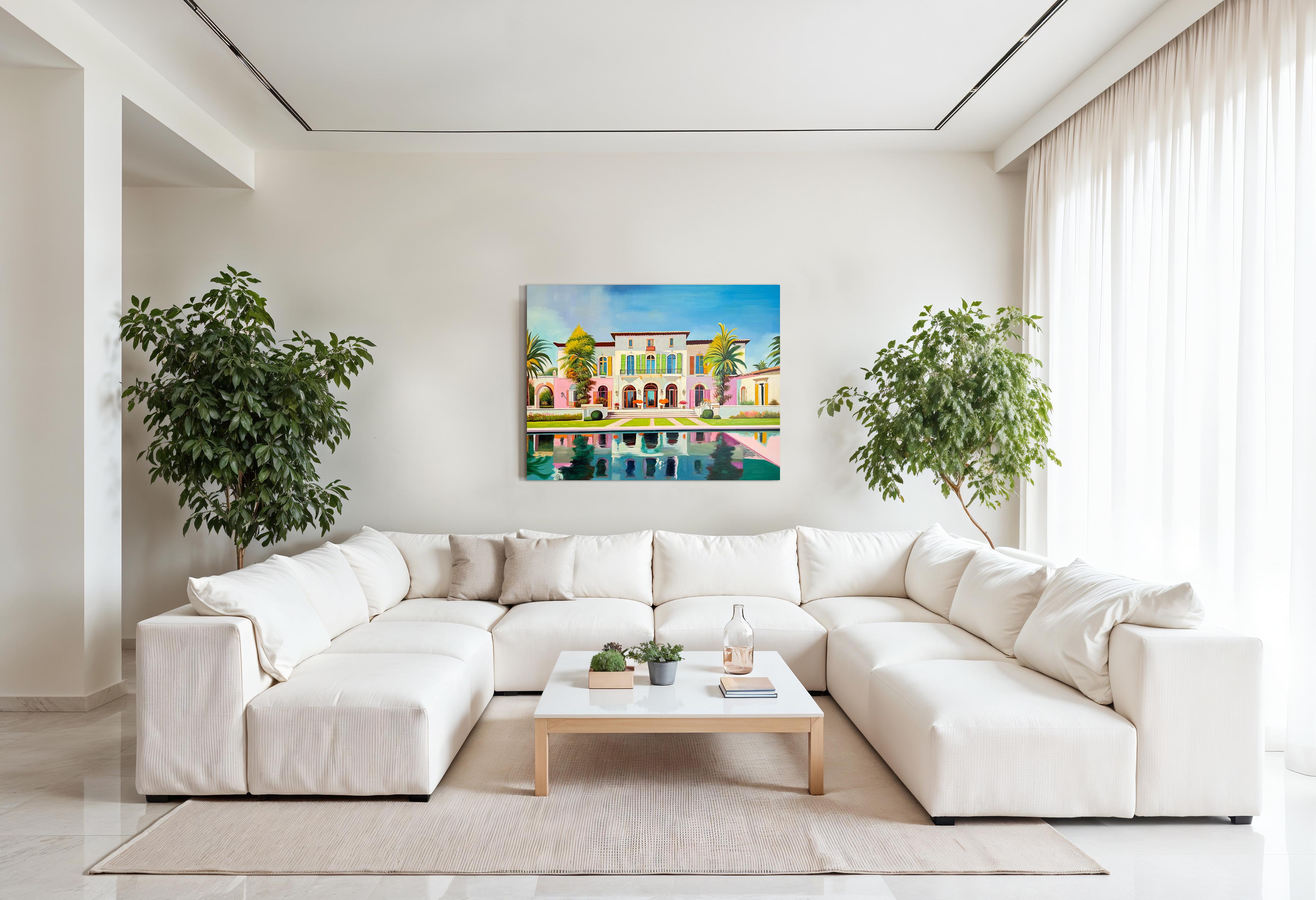 The future is calling us for - Contemporary Architecture Pool House Oil Painting For Sale 7