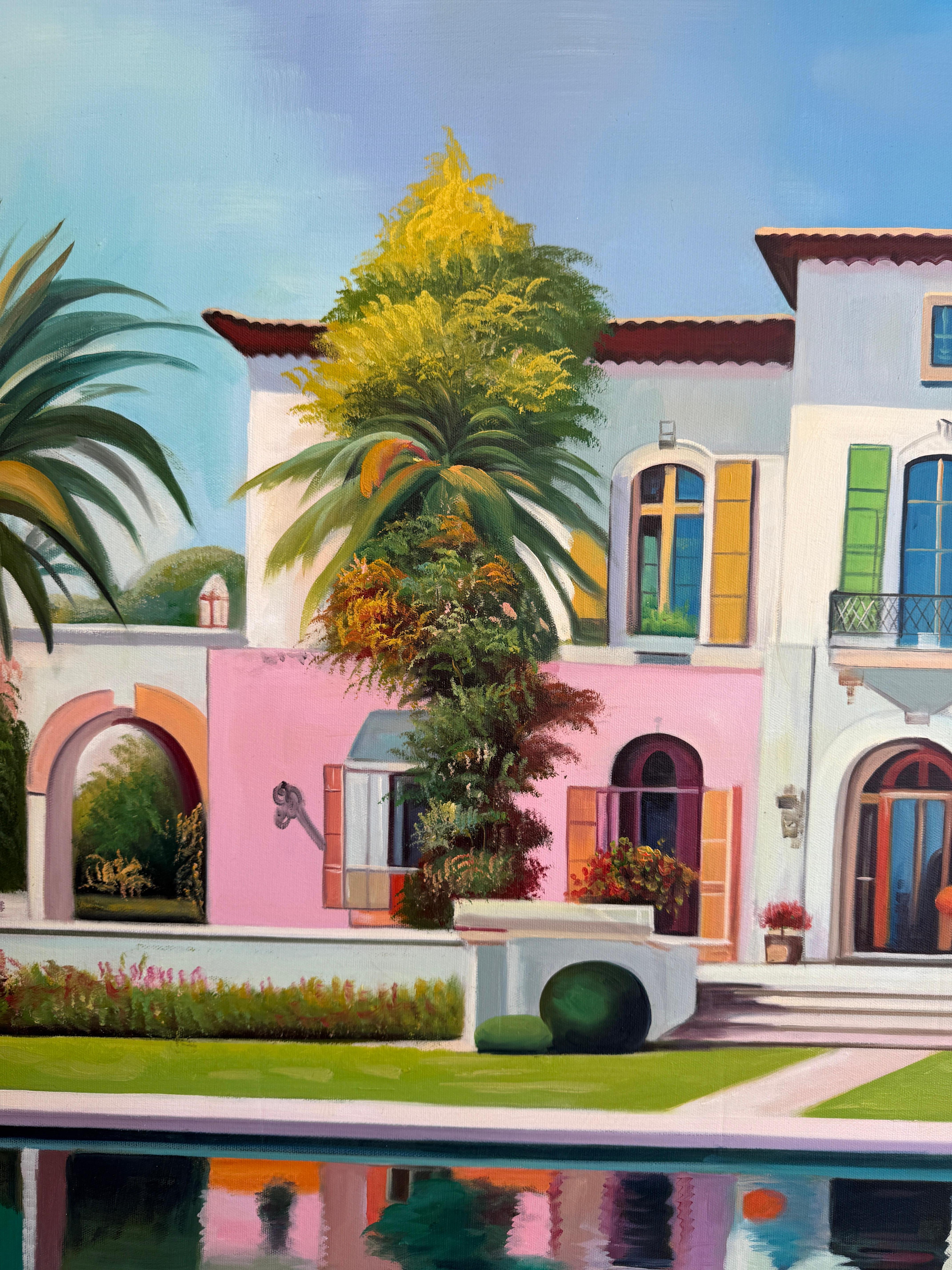The future is calling us for - Contemporary Architecture Pool House Oil Painting For Sale 8