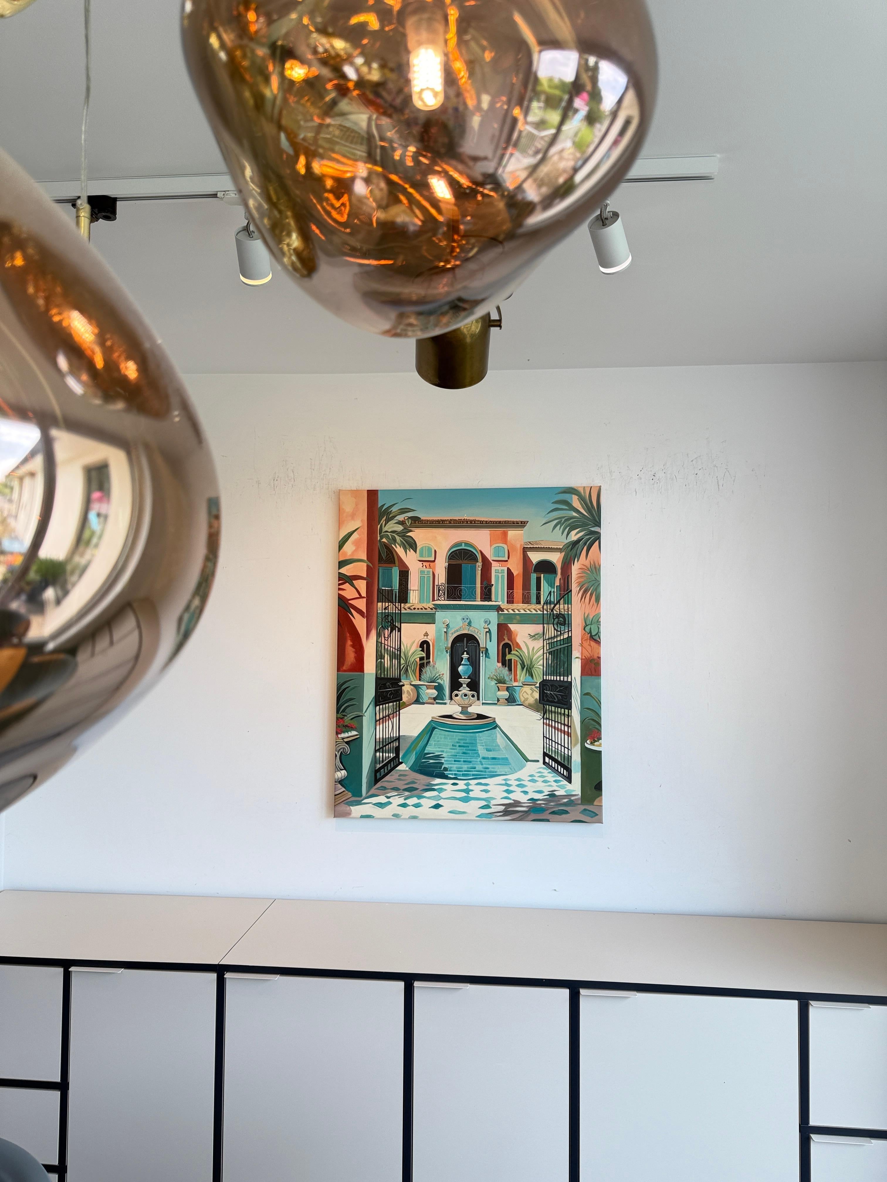 El jardín de nuestro amor - Arquitectura contemporánea Casa de la piscina Pintura al óleo en venta 2