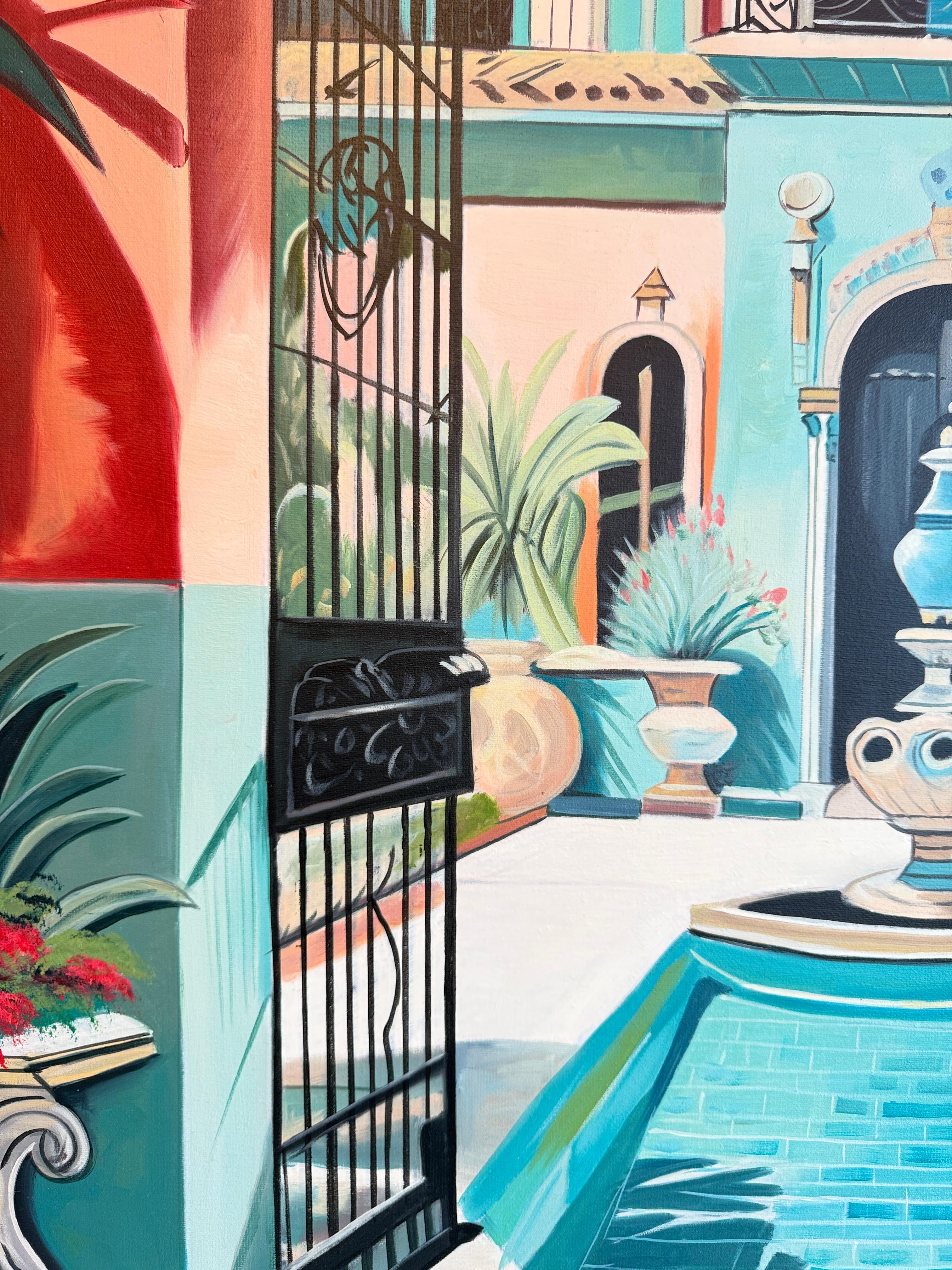 El jardín de nuestro amor - Arquitectura contemporánea Casa de la piscina Pintura al óleo en venta 3