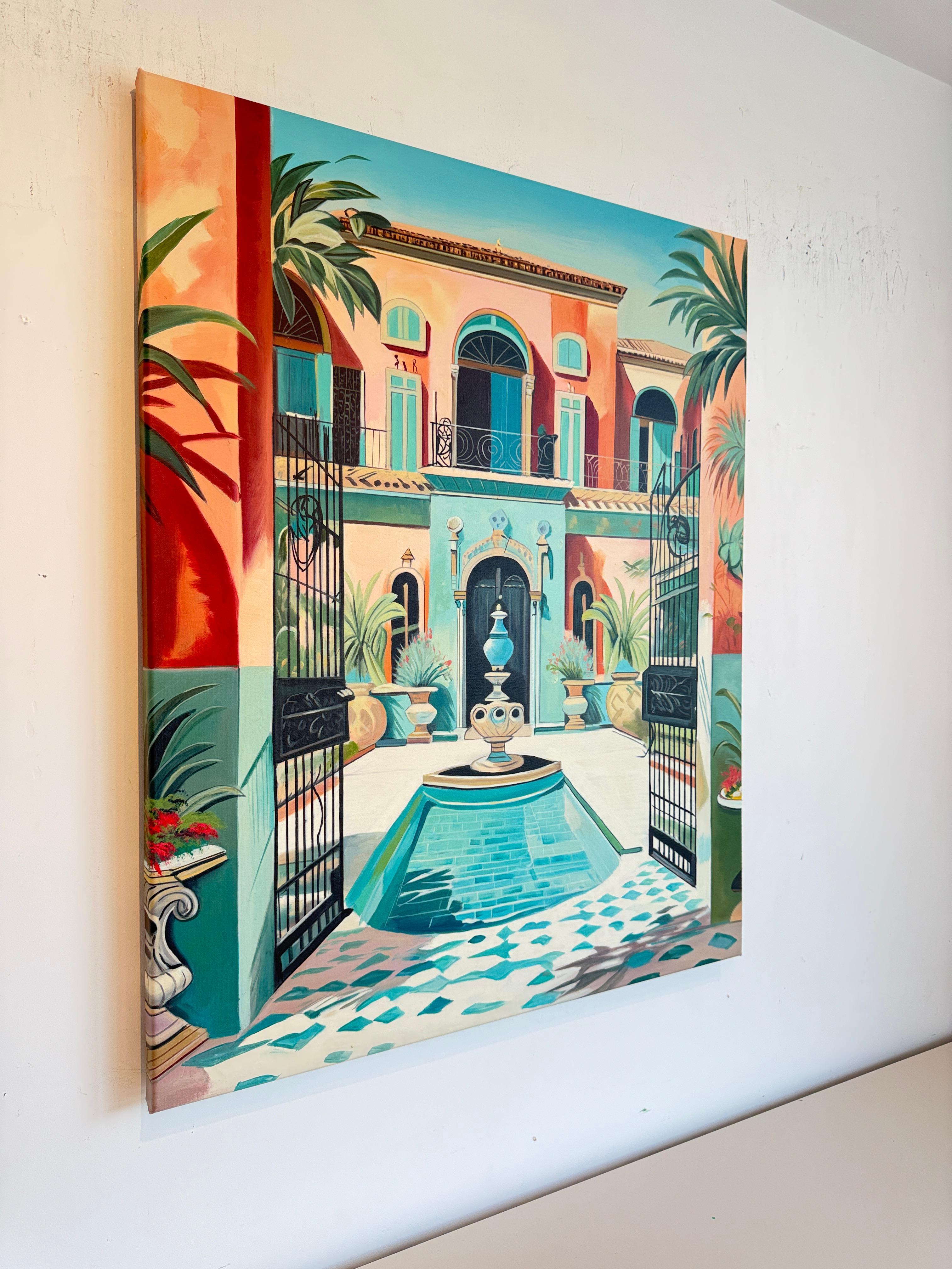 El jardín de nuestro amor - Arquitectura contemporánea Casa de la piscina Pintura al óleo en venta 4