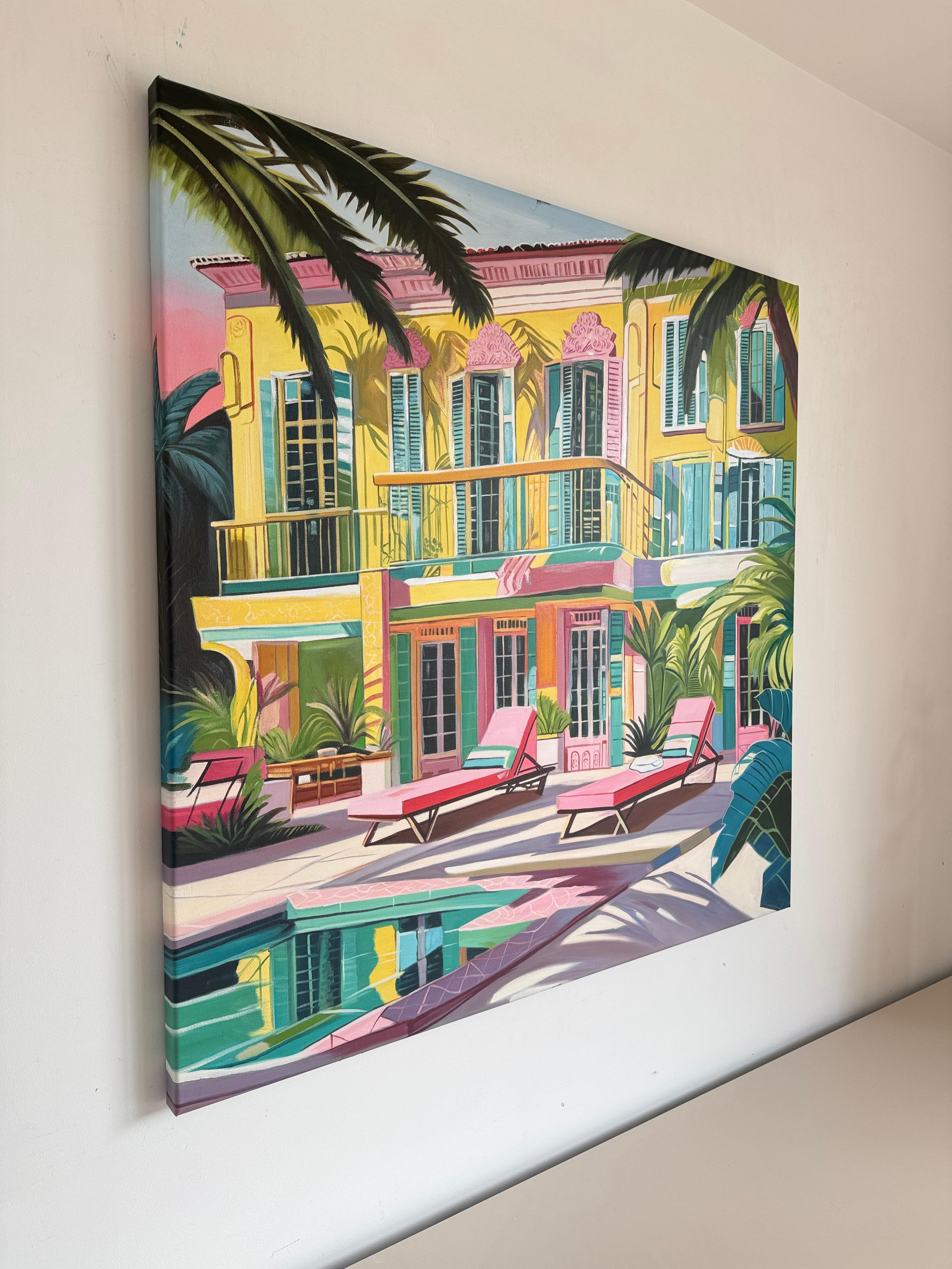 The hours melted into each other - Contemporary Architecture House Oil Painting For Sale 6