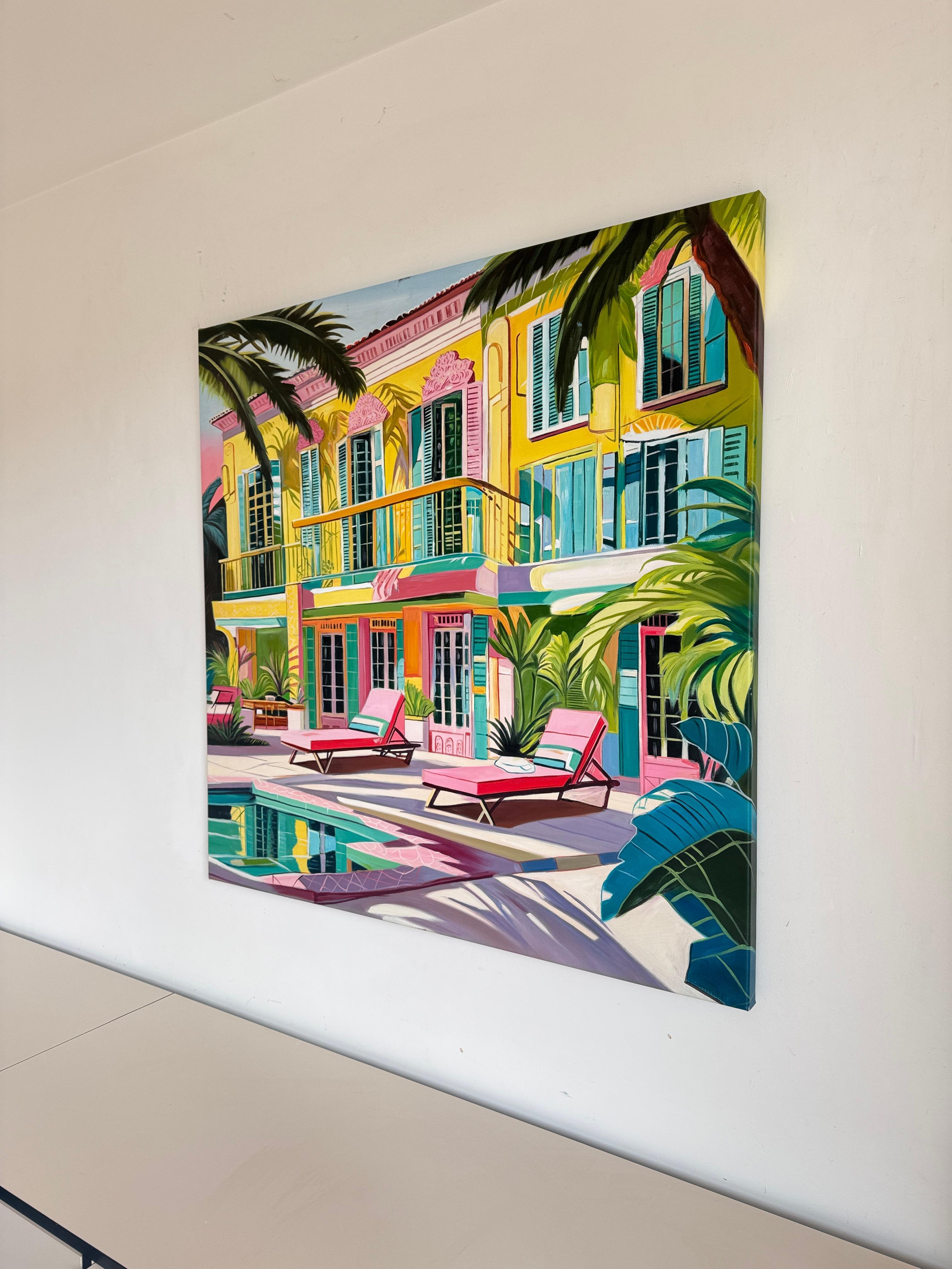 The hours melted into each other - Contemporary Architecture House Oil Painting For Sale 8