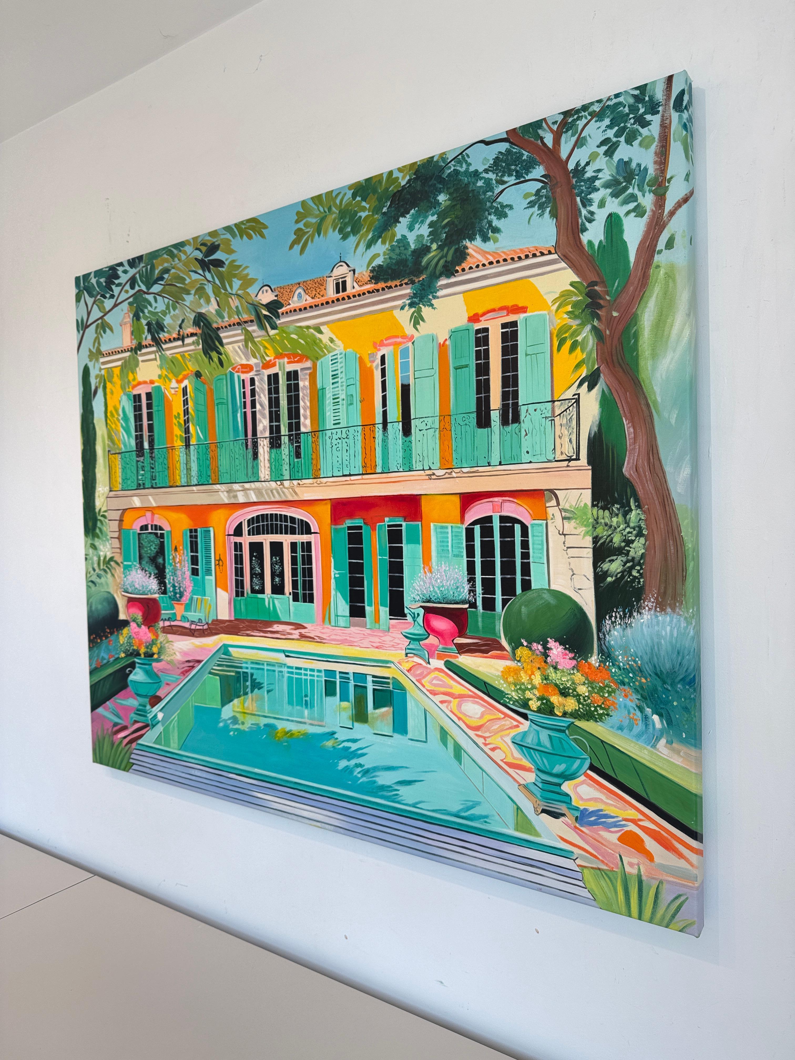 Der letzte Tag des Sommers - Zeitgenössische Architektur Pool Haus Ölgemälde im Angebot 9