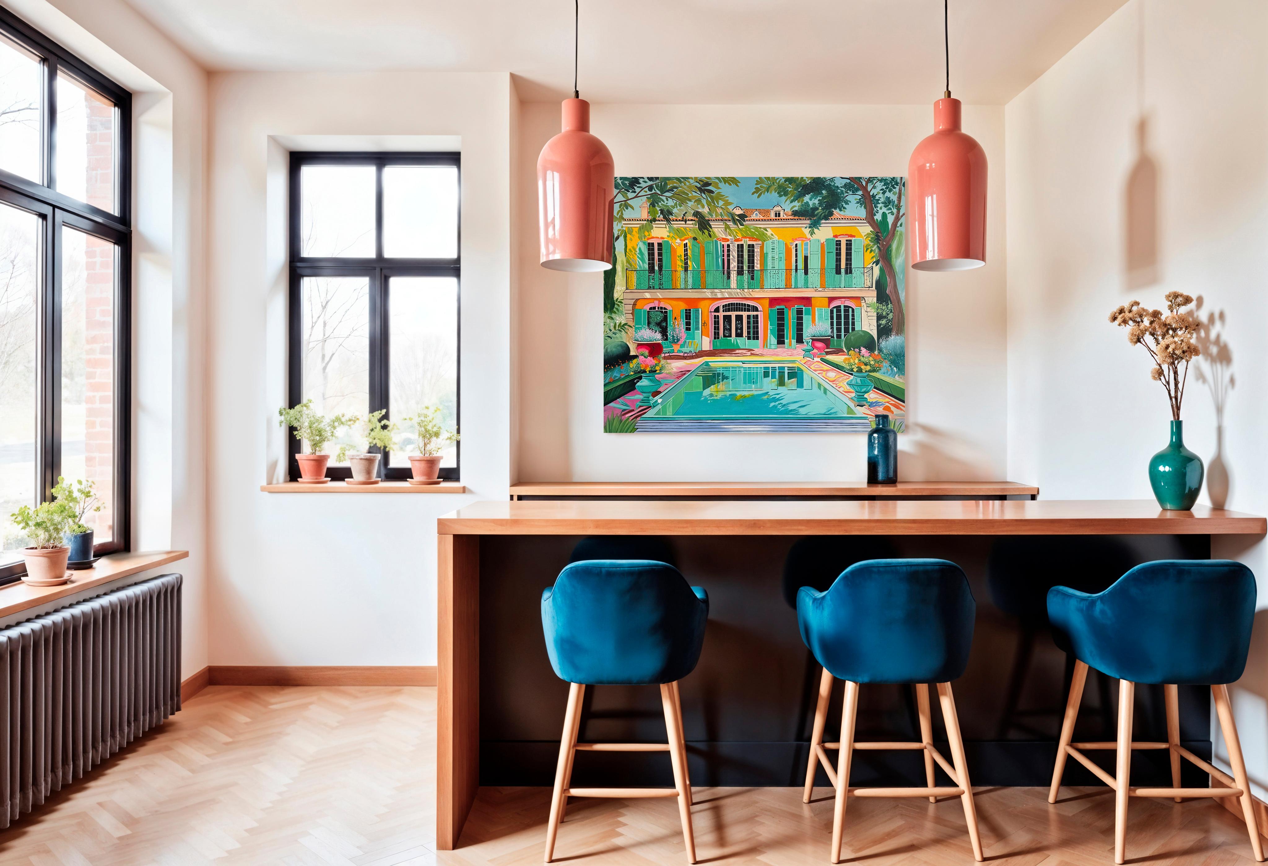 Der letzte Tag des Sommers - Zeitgenössische Architektur Pool Haus Ölgemälde im Angebot 1