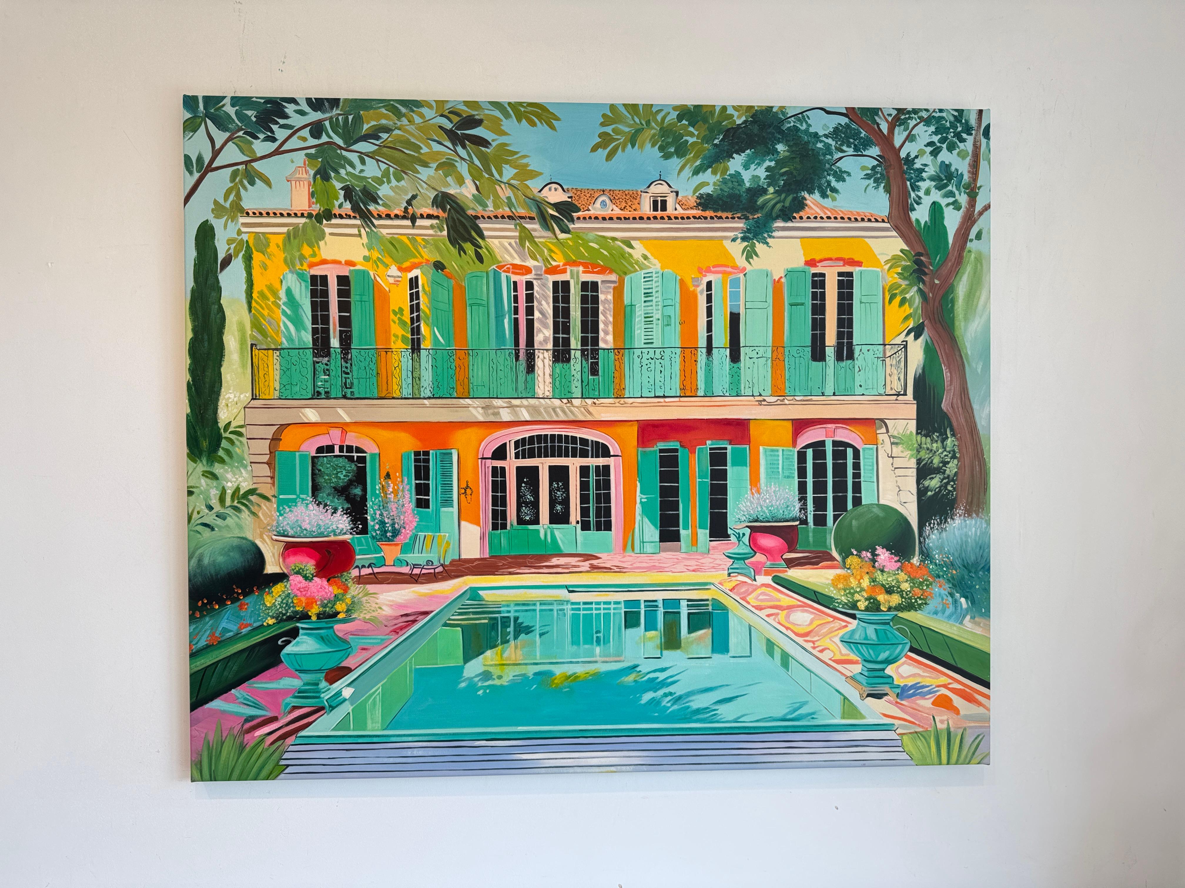 Der letzte Tag des Sommers - Zeitgenössische Architektur Pool Haus Ölgemälde im Angebot 4