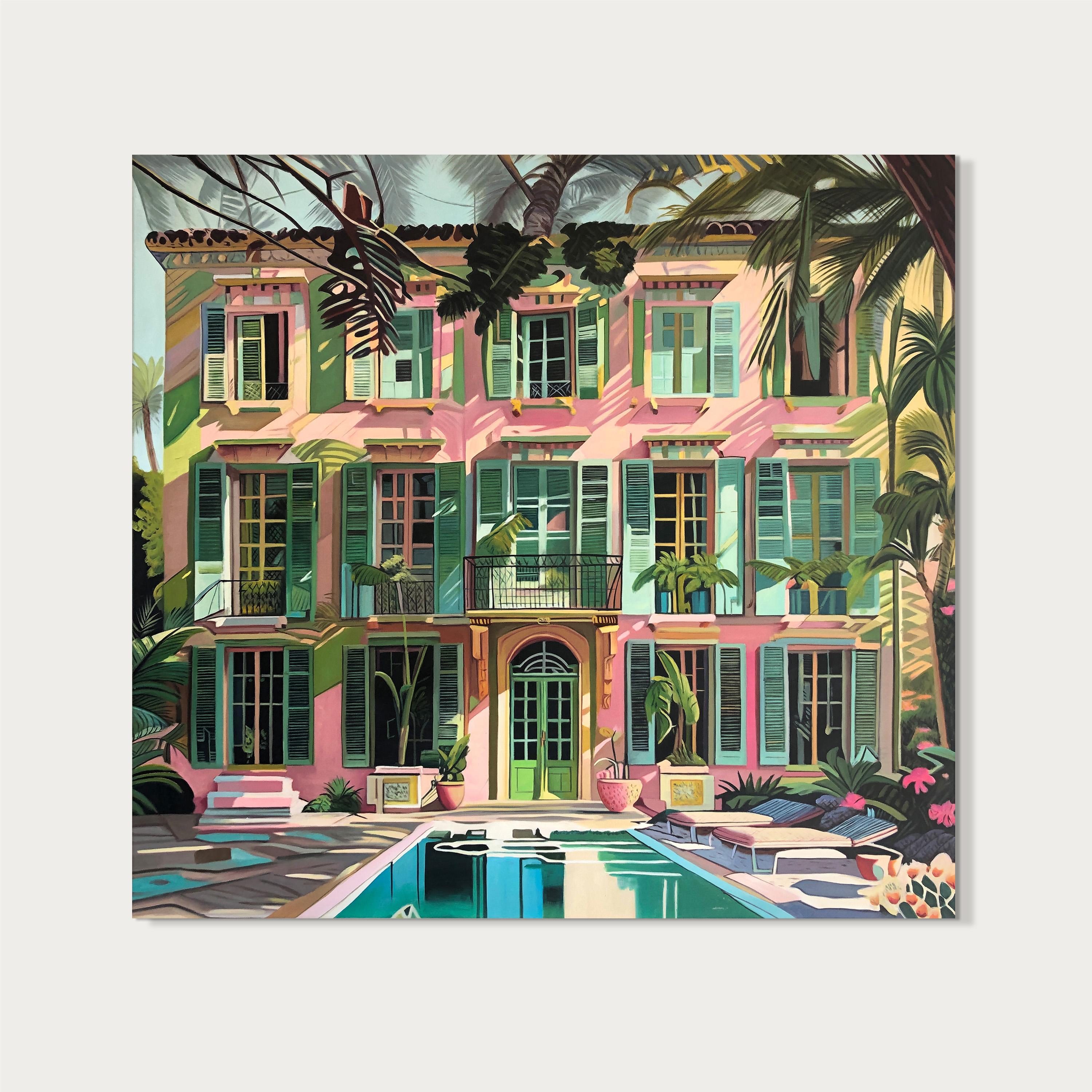 The Light between Us - Contemporary Architecture Pool House Oil Painting - Gray Abstract Painting by Lilly Muth