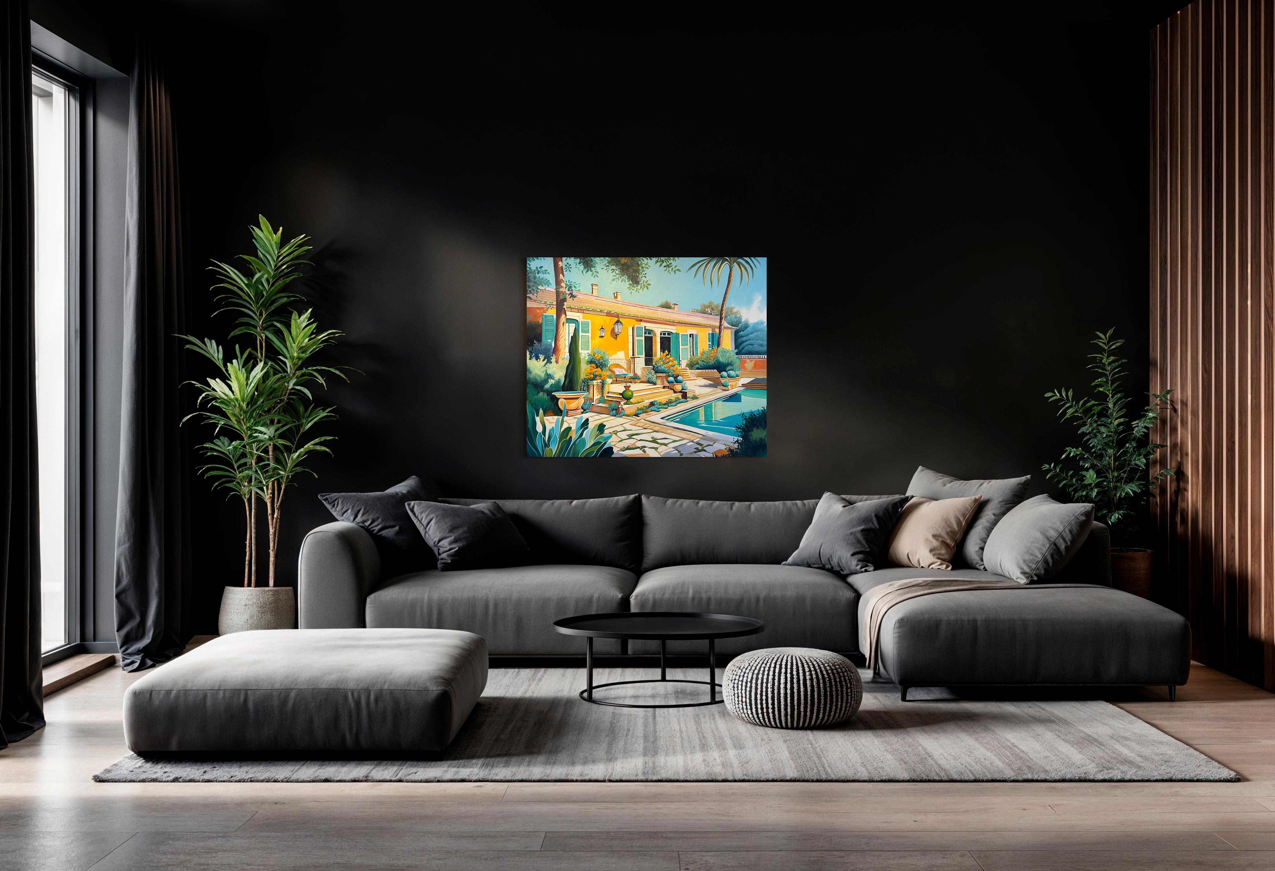 Die ruhige Form der Liebe - Zeitgenössische Architektur Pool Haus Ölgemälde im Angebot 1