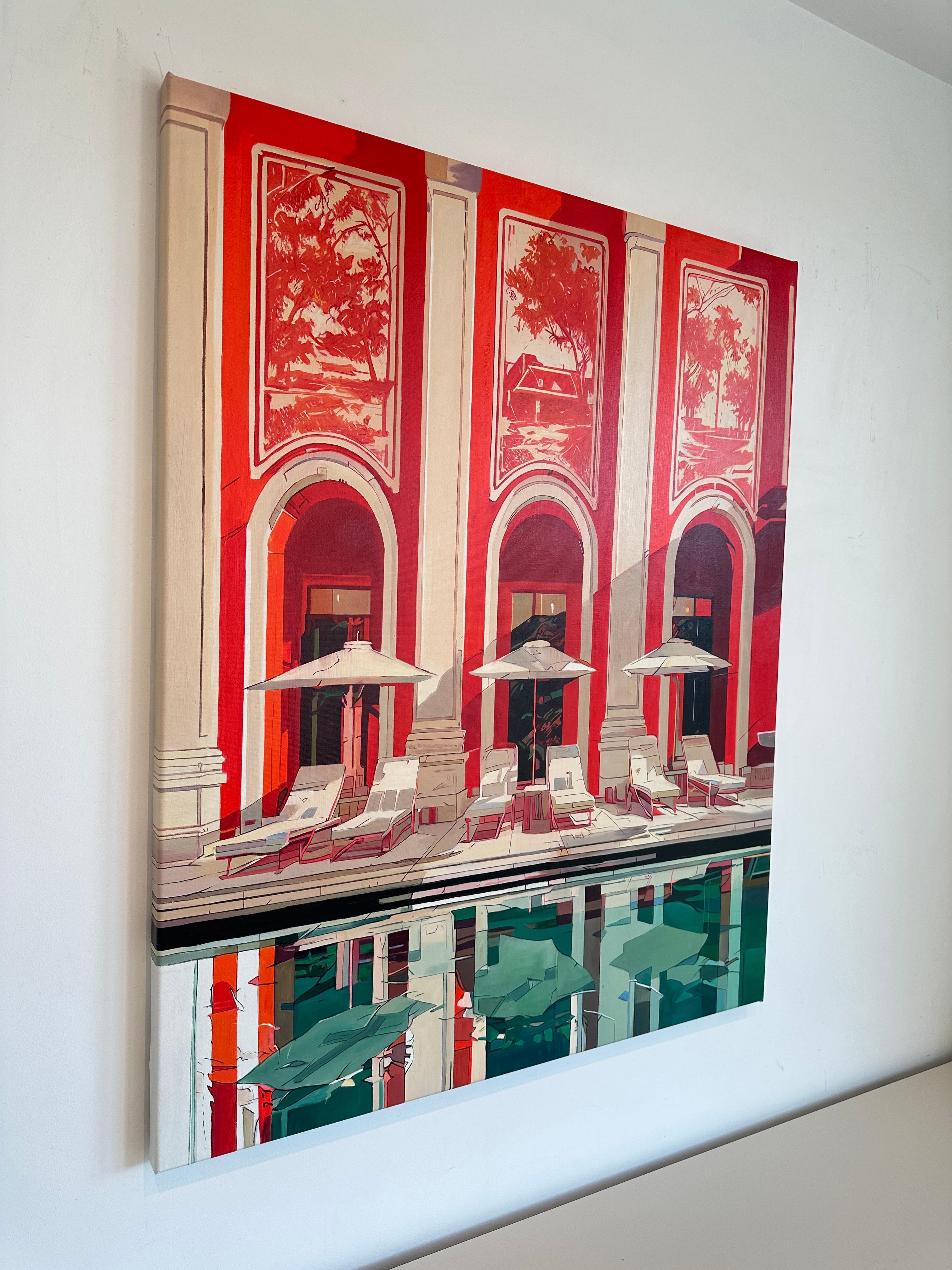 The red Carpet Treatment von Lilly Muth - Zeitgenössische Architektur Ölgemälde im Angebot 11