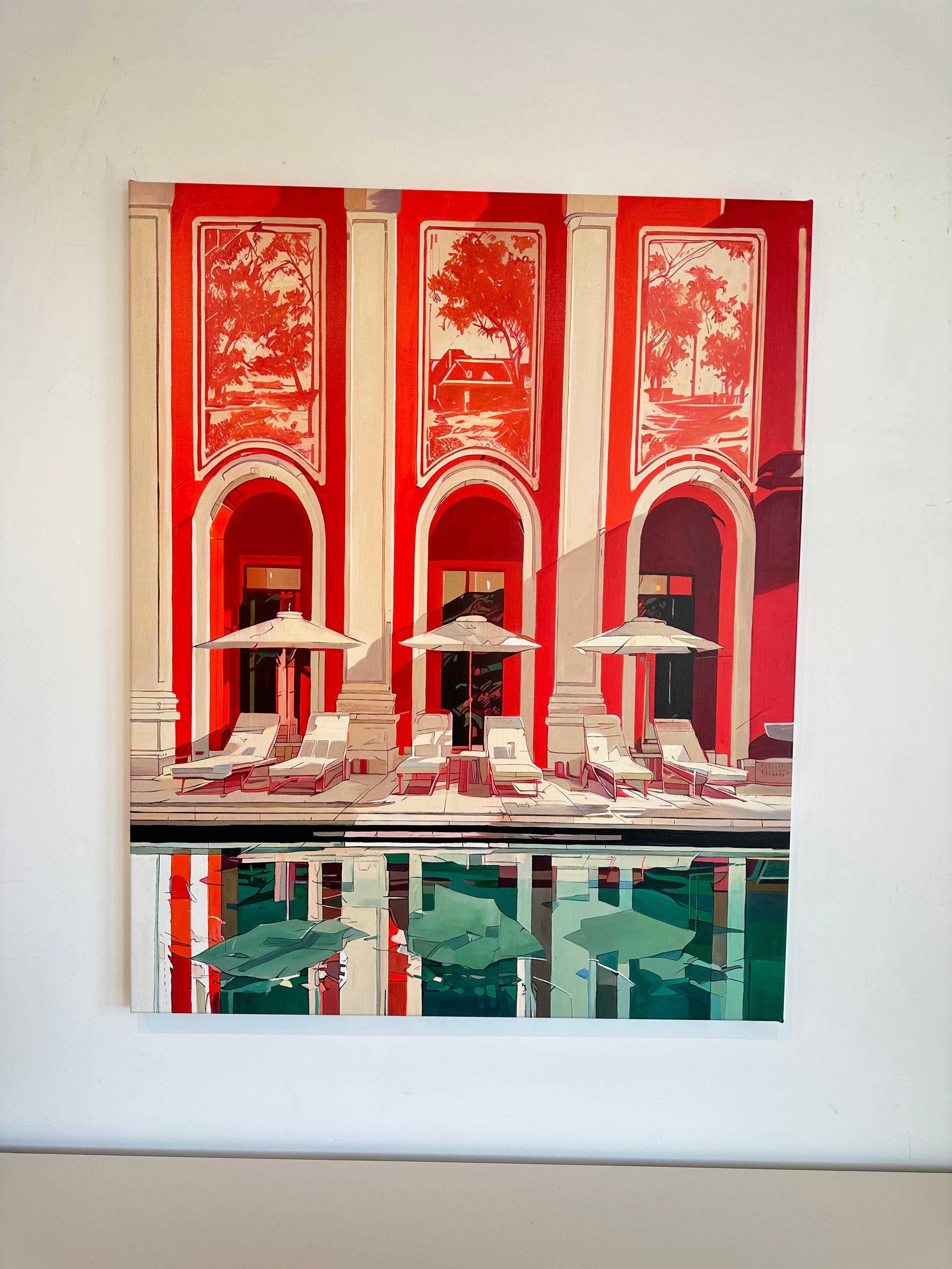The red Carpet Treatment von Lilly Muth - Zeitgenössische Architektur Ölgemälde im Angebot 1