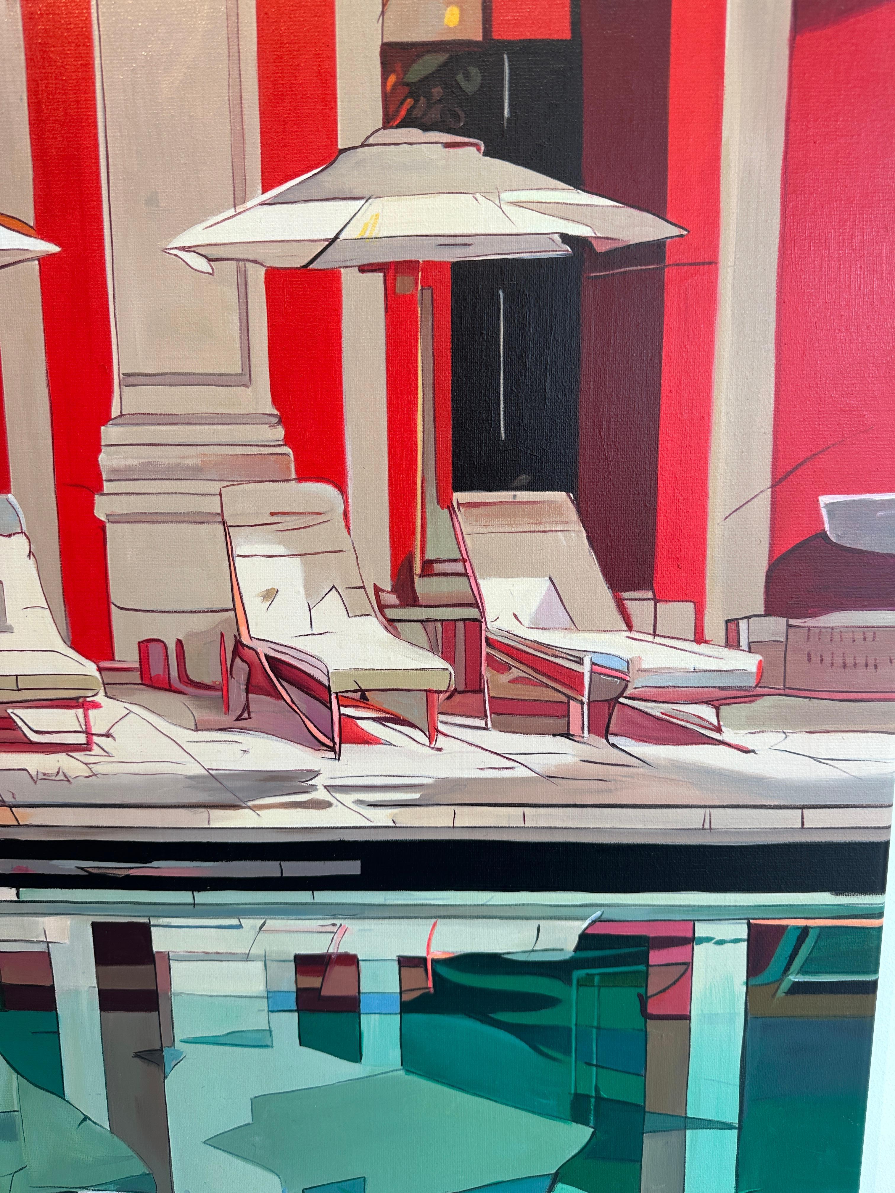 The red Carpet Treatment by Lilly Muth - Contemporary Architecture Oil Painting For Sale 6