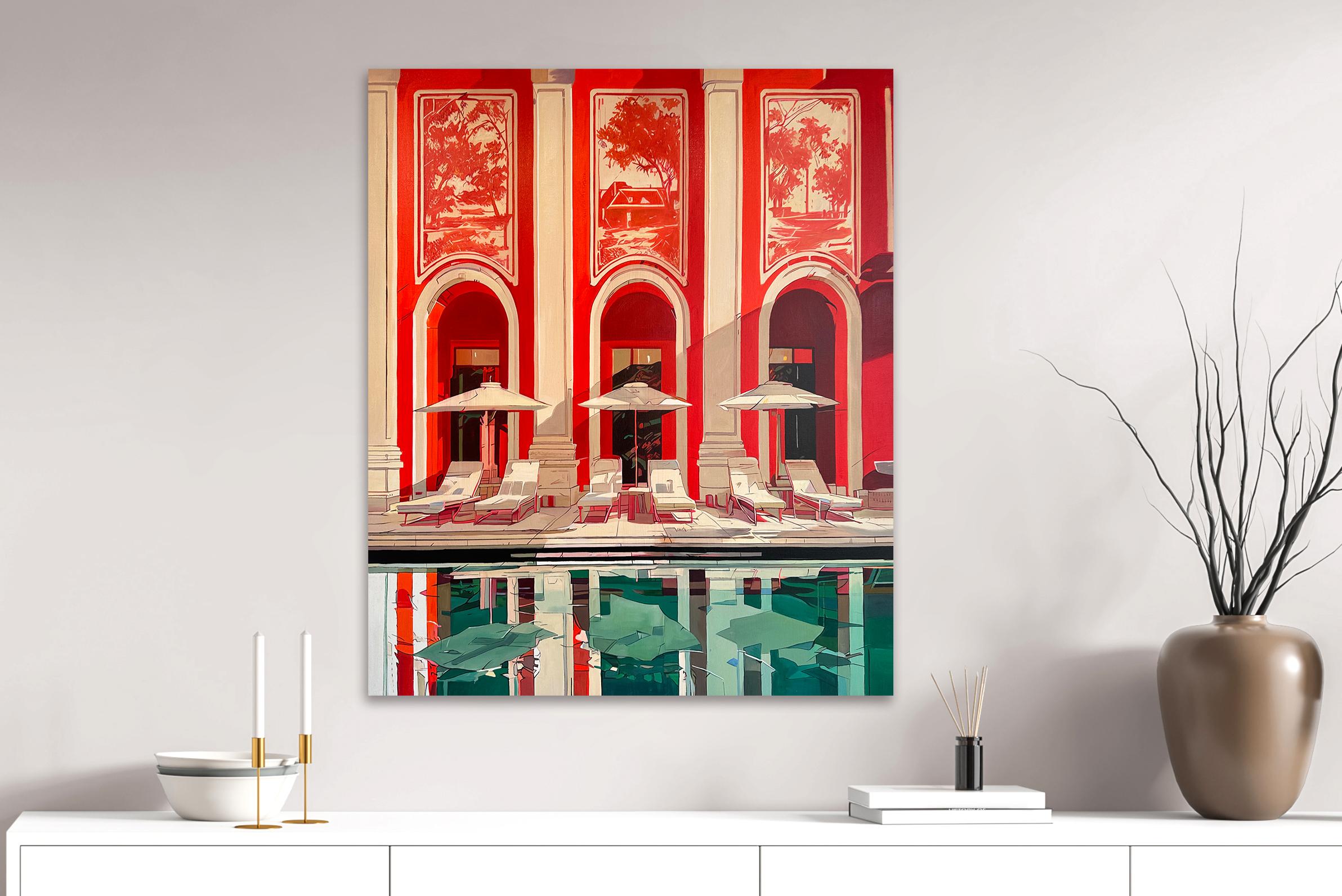 The red Carpet Treatment von Lilly Muth - Zeitgenössische Architektur Ölgemälde im Angebot 7