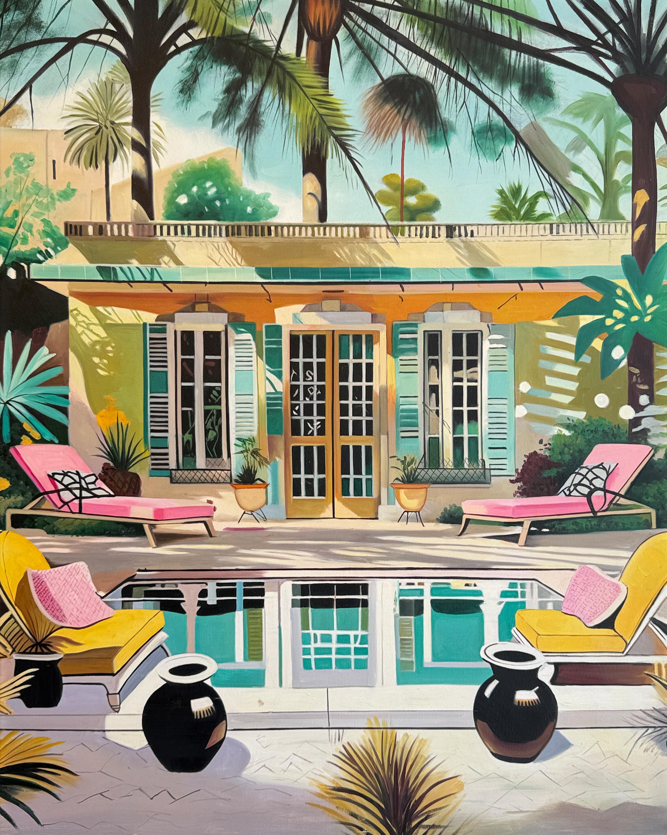 The Terrace of Our Dreams - Contemporary Architecture Pool House Oil Painting For Sale 10