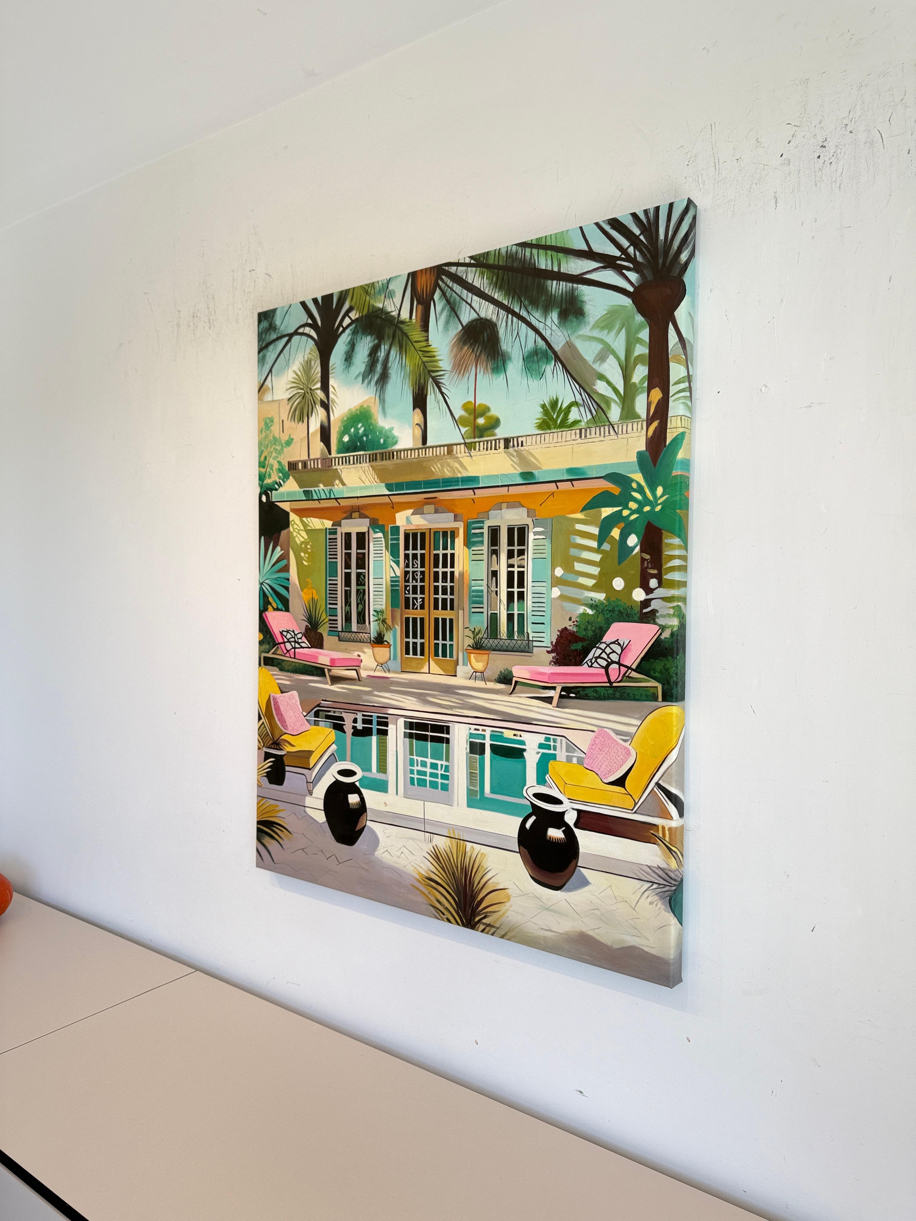 The Terrace of Our Dreams - Contemporary Architecture Pool House Oil Painting For Sale 11