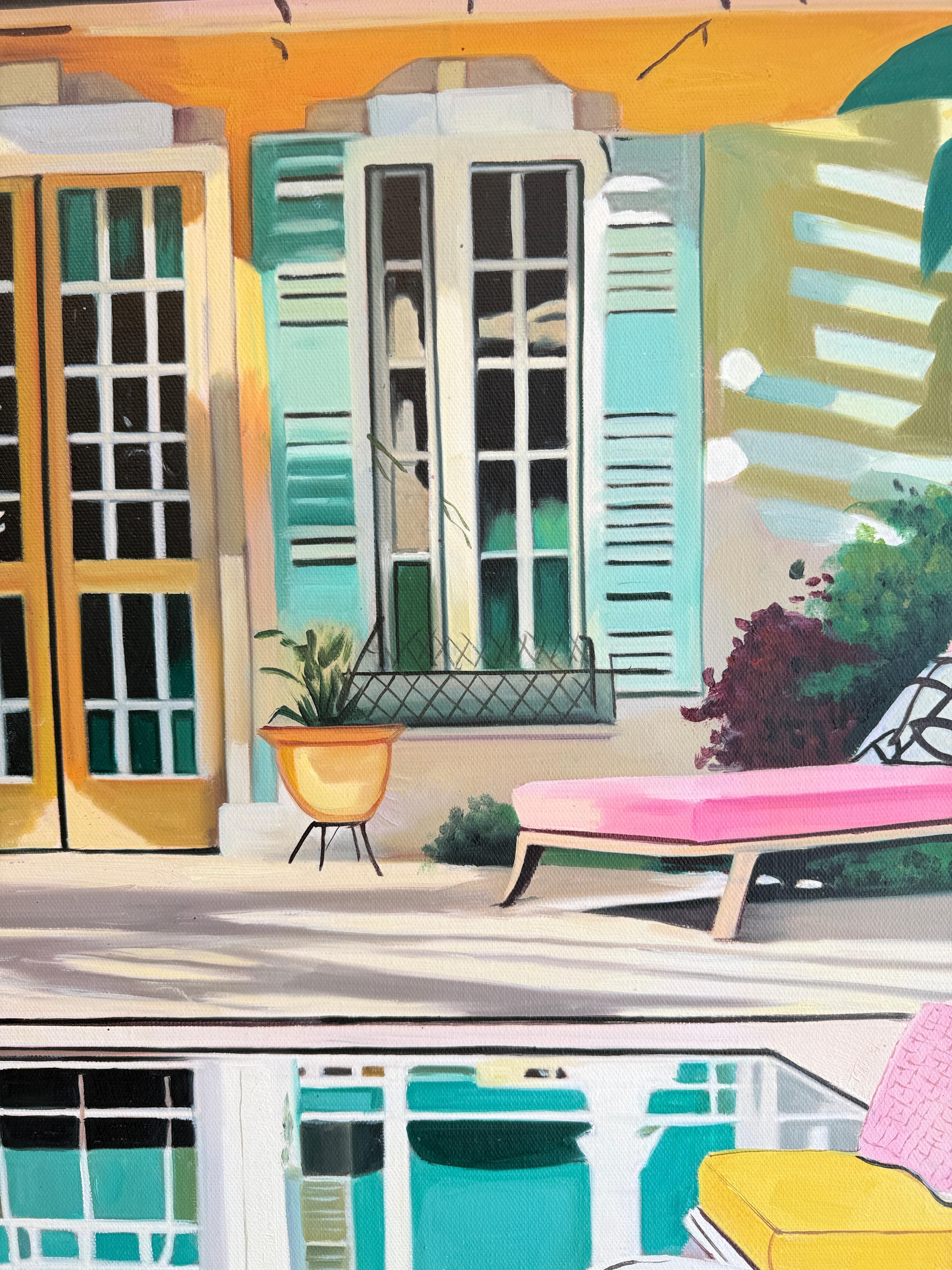 The Terrace of Our Dreams - Contemporary Architecture Pool House Oil Painting For Sale 12