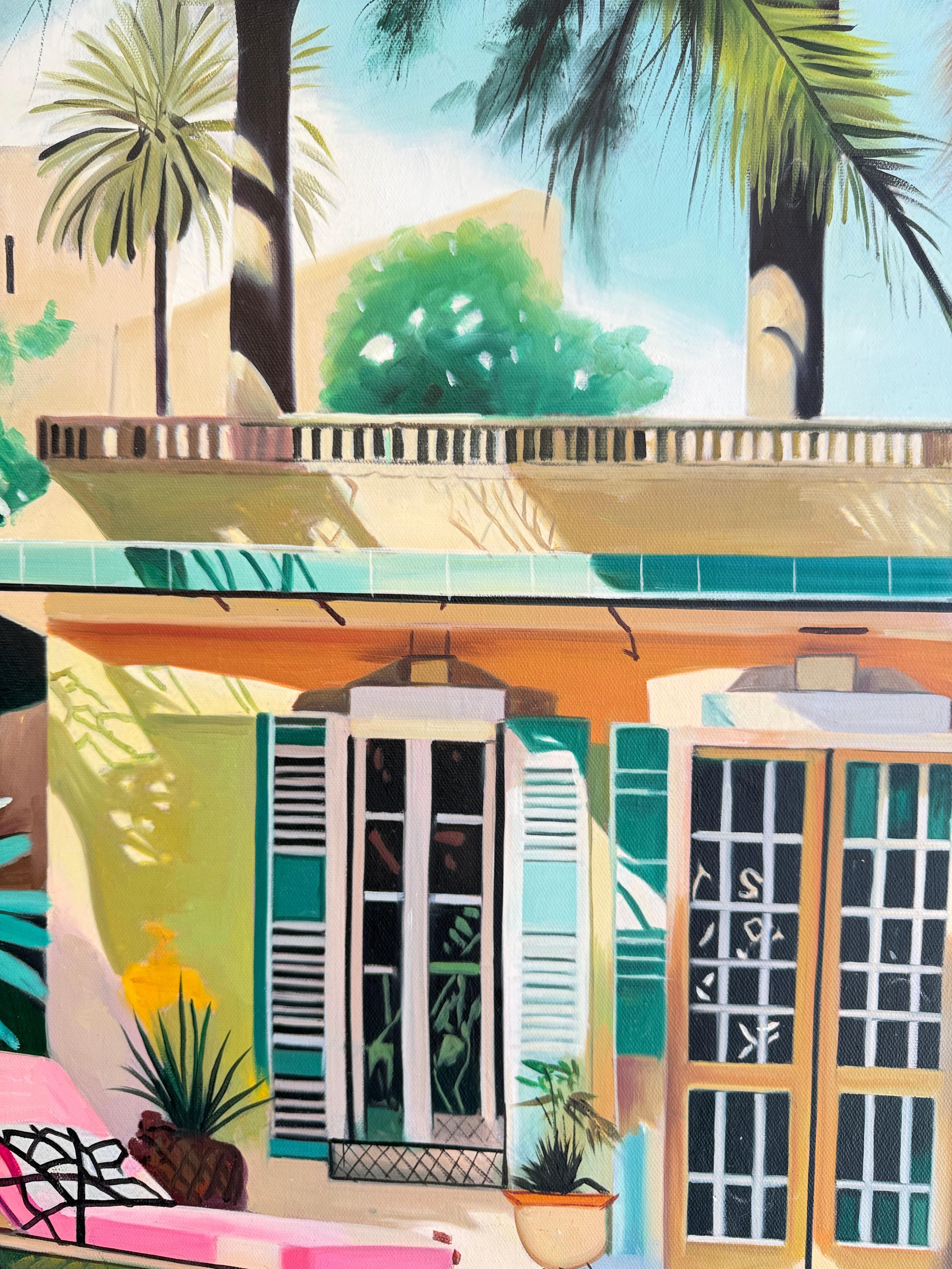 The Terrace of Our Dreams - Contemporary Architecture Pool House Oil Painting For Sale 13