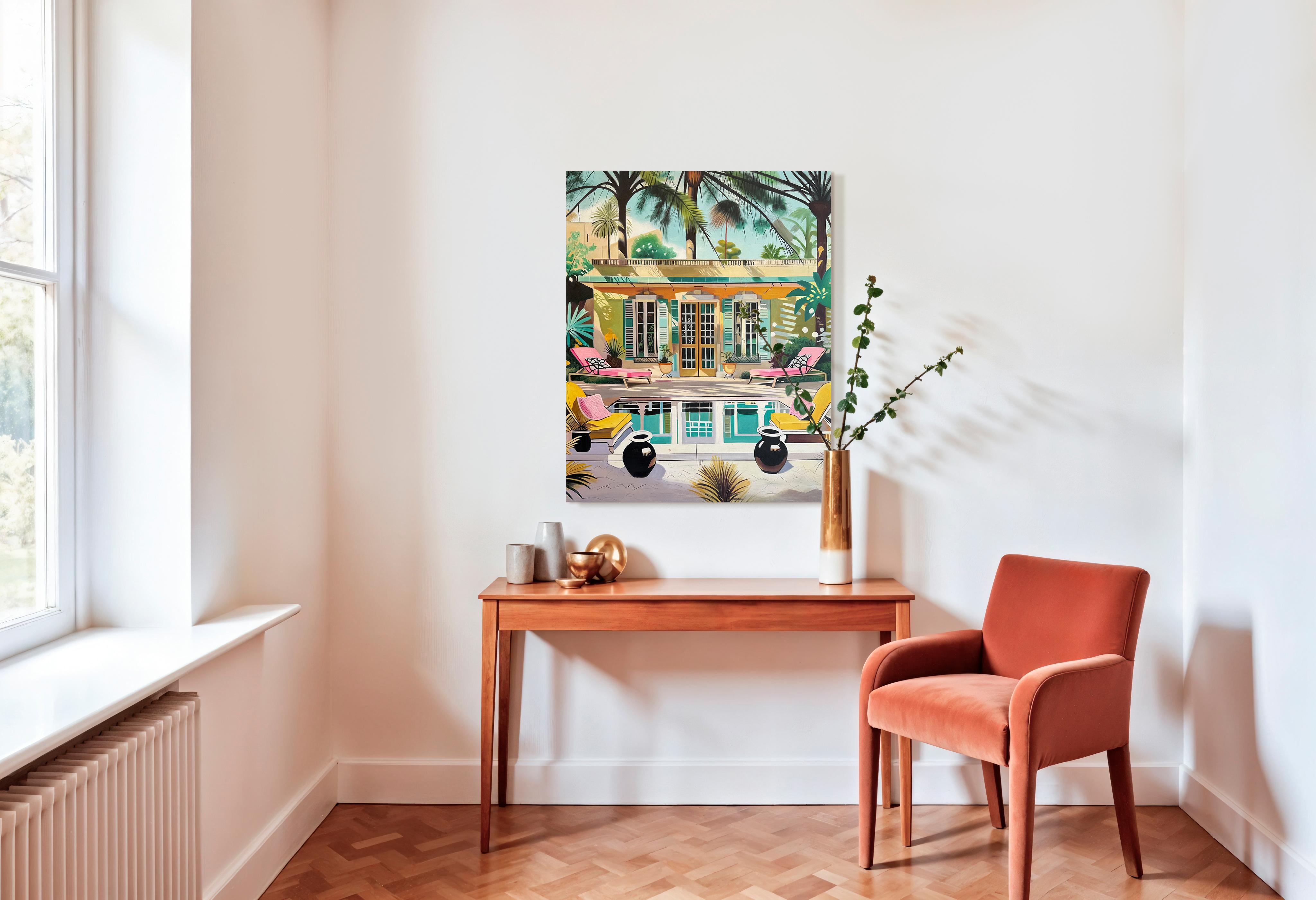 The Terrace of Our Dreams - Contemporary Architecture Pool House Oil Painting For Sale 14