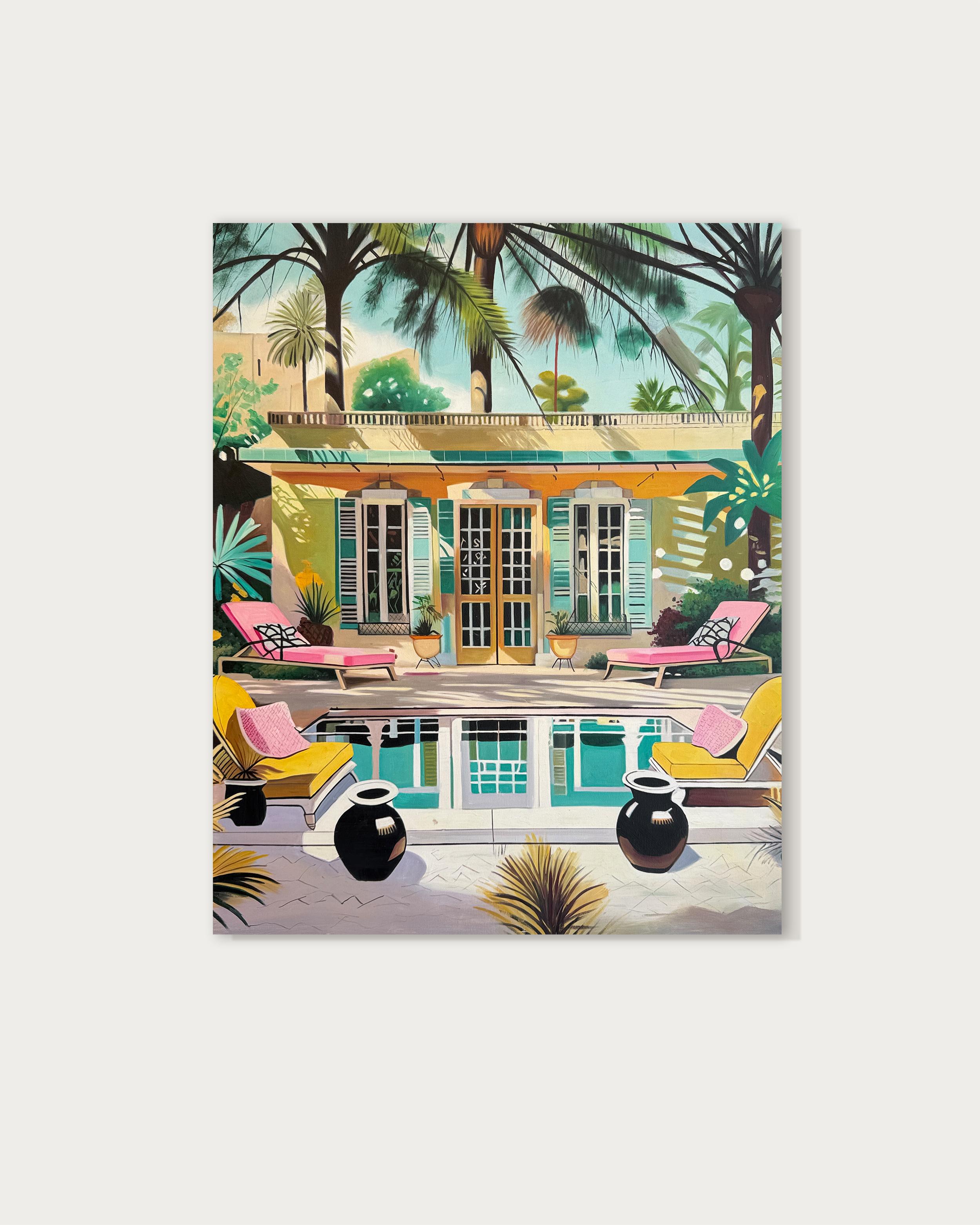 The Terrace of Our Dreams - Contemporary Architecture Pool House Oil Painting For Sale 1
