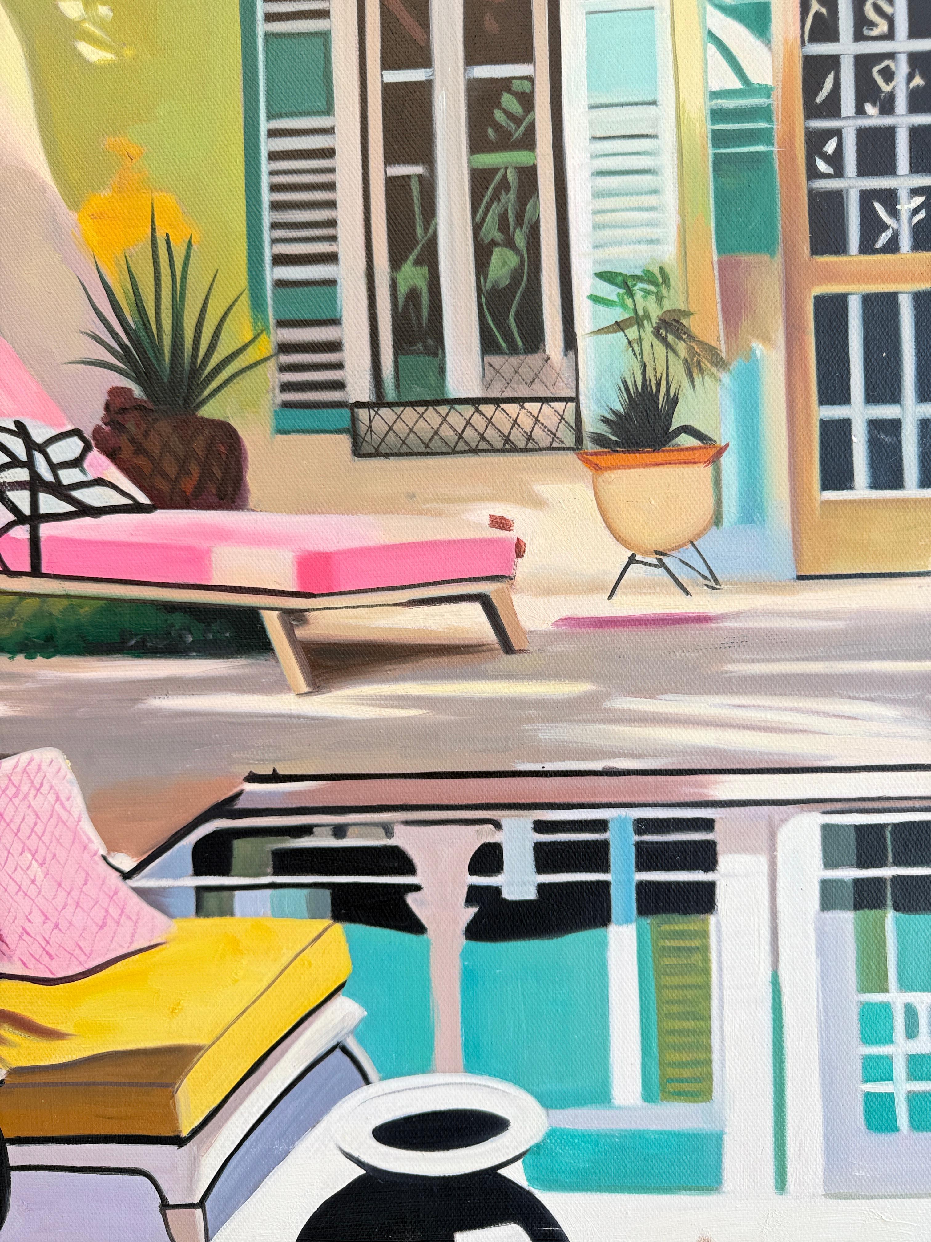 The Terrace of Our Dreams - Contemporary Architecture Pool House Oil Painting For Sale 5